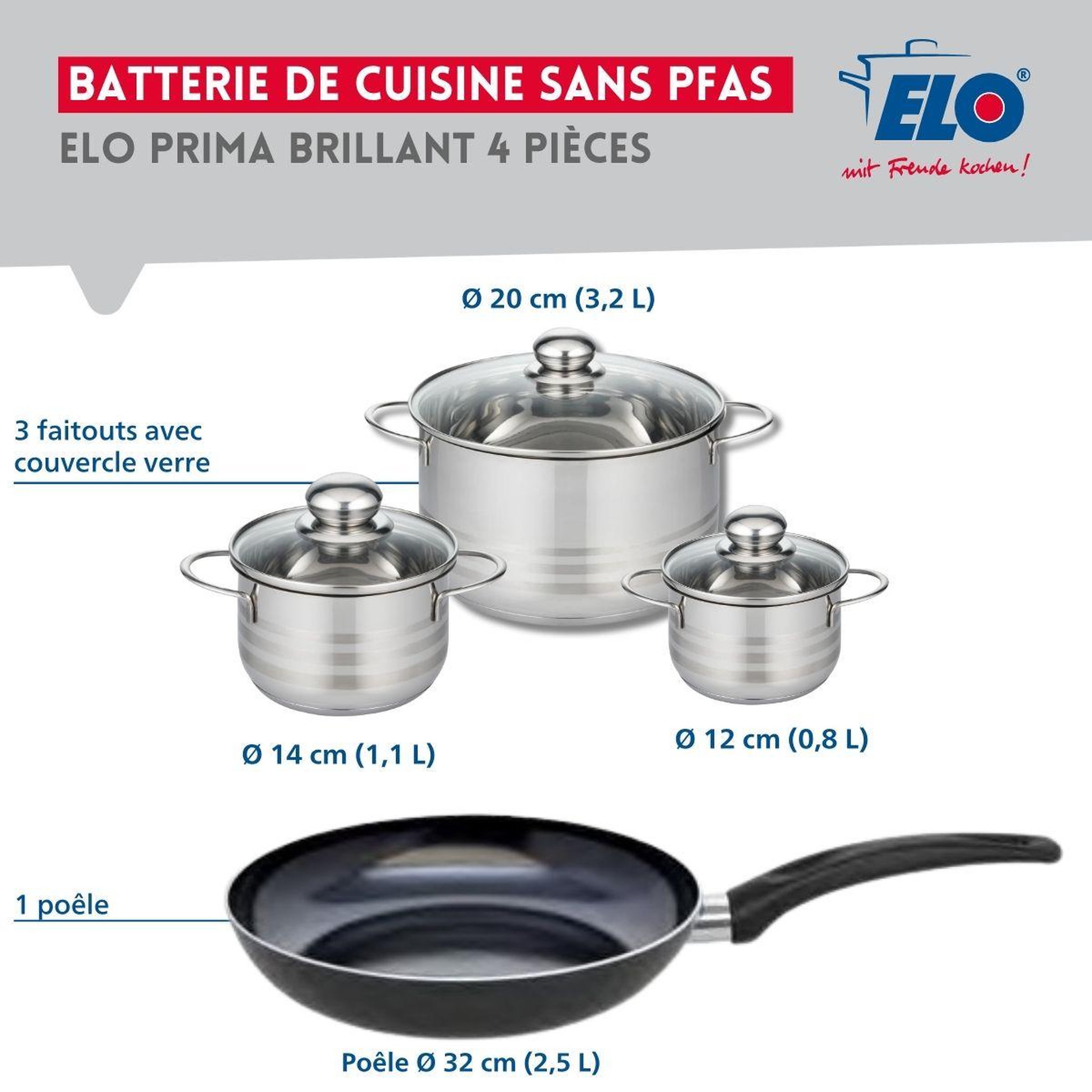 Voir la diapositive 2 : ELO Ensemble de 1 poêle de cuisson 32 cm et 3 faitouts 12, 14 et 20 cm elo prima brillant
