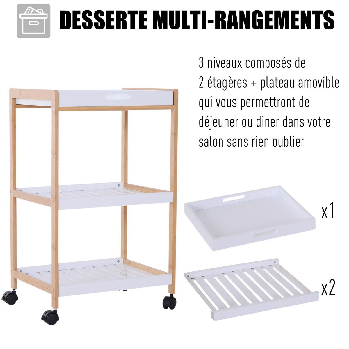 HOMCOM Chariot de service desserte de cuisine à roulettes 2 étagères + plateau amovible bois de pin MDF blanc