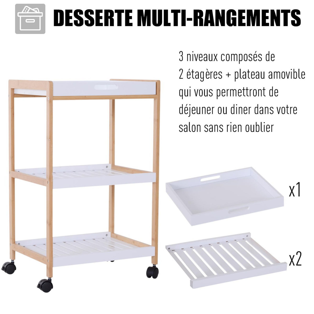 HOMCOM Chariot de service desserte de cuisine à roulettes 2 étagères + plateau amovible bois de pin MDF blanc