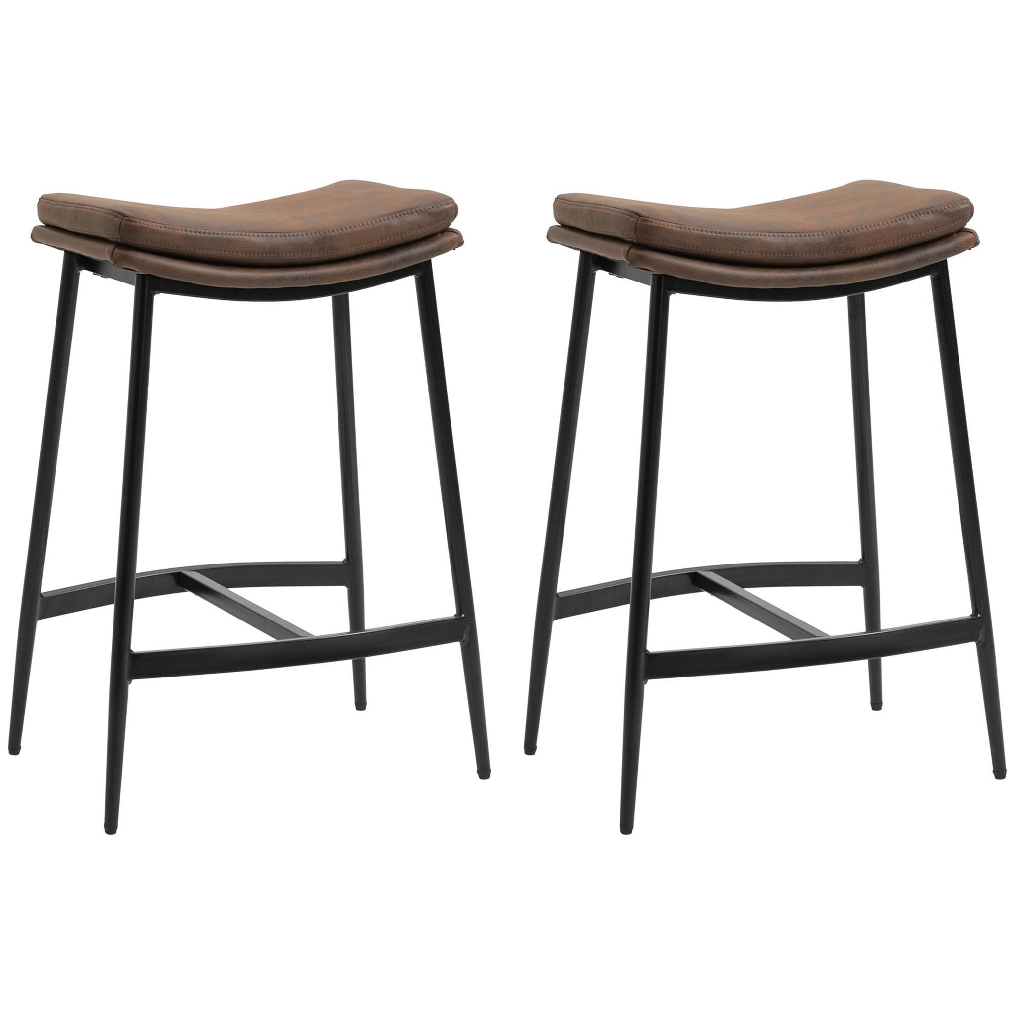 Voir la diapositive 1 : HOMCOM Lot de 2 tabourets de bar Vintage avec repose-pied piètement acier noir assise incurvée tissu marron effet vieilli