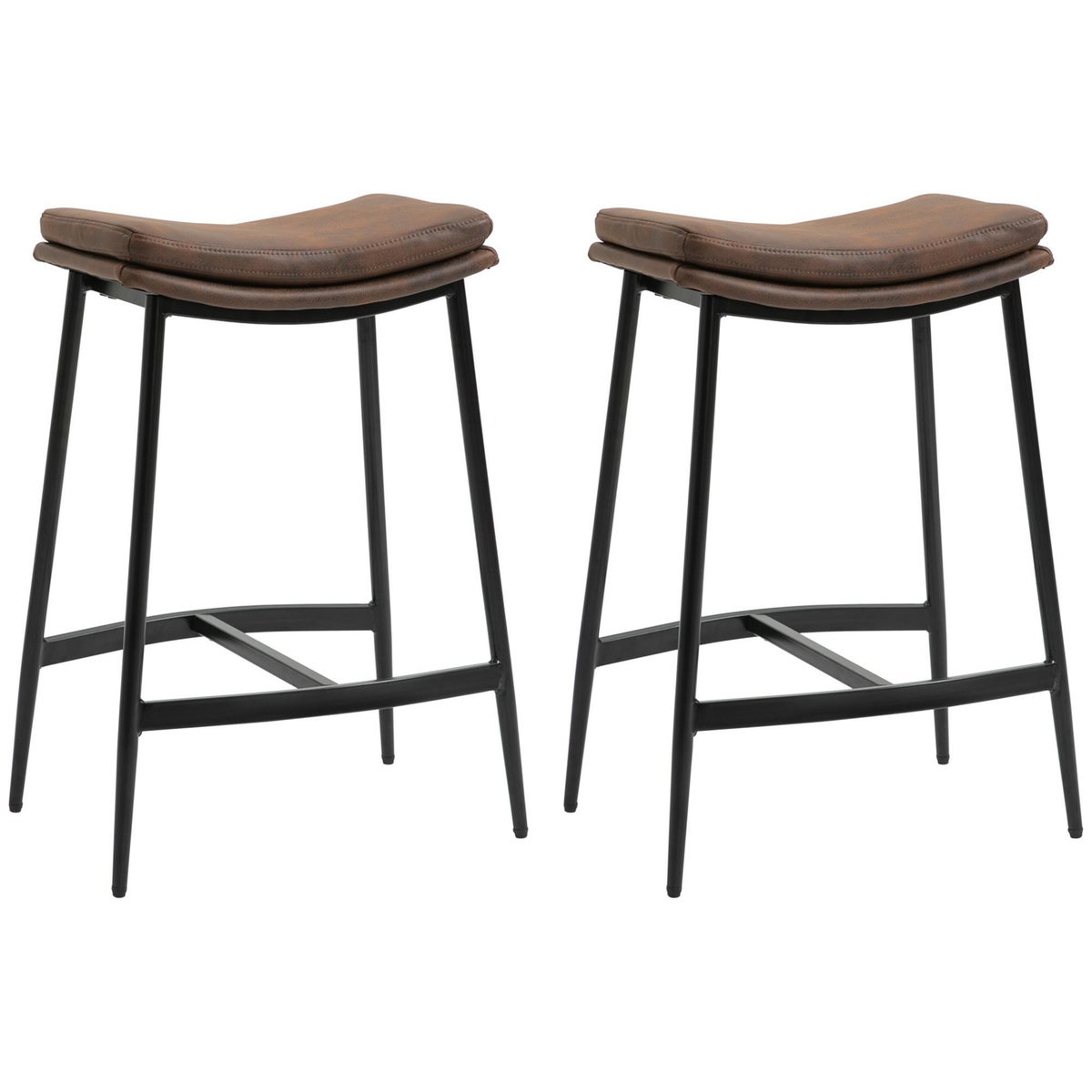 HOMCOM Lot de 2 tabourets de bar Vintage avec repose-pied piètement acier noir assise incurvée tissu marron effet vieilli