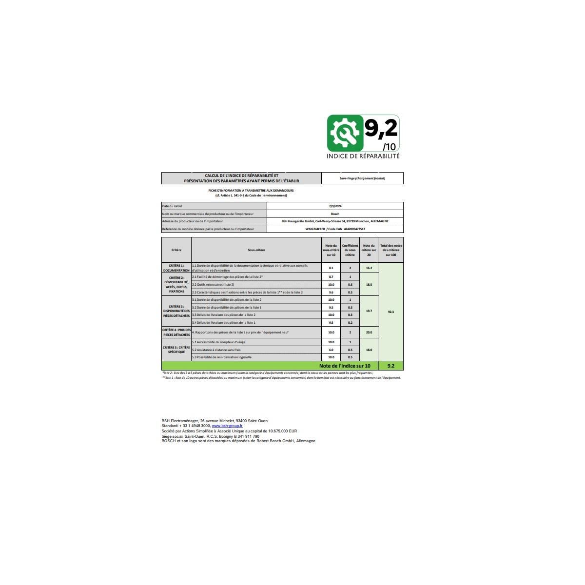 BOSCH Lave-linge hublot 9kg 1400 tours/min blanc - WGG244F1FR