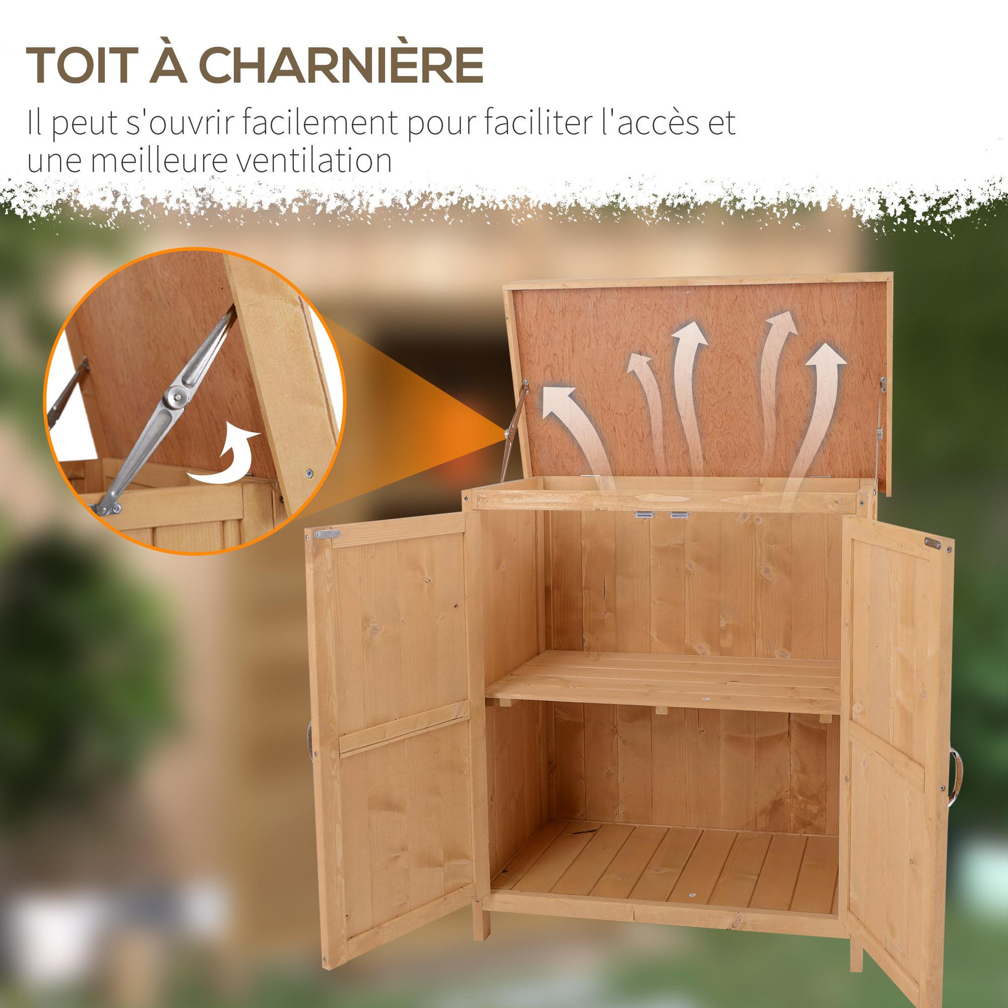 Voir la diapositive 5 : OUTSUNNY Armoire de jardin sur pied double porte étagère et toit bitumé relevable dim. 74L x 43l x 88H cm bois sapin