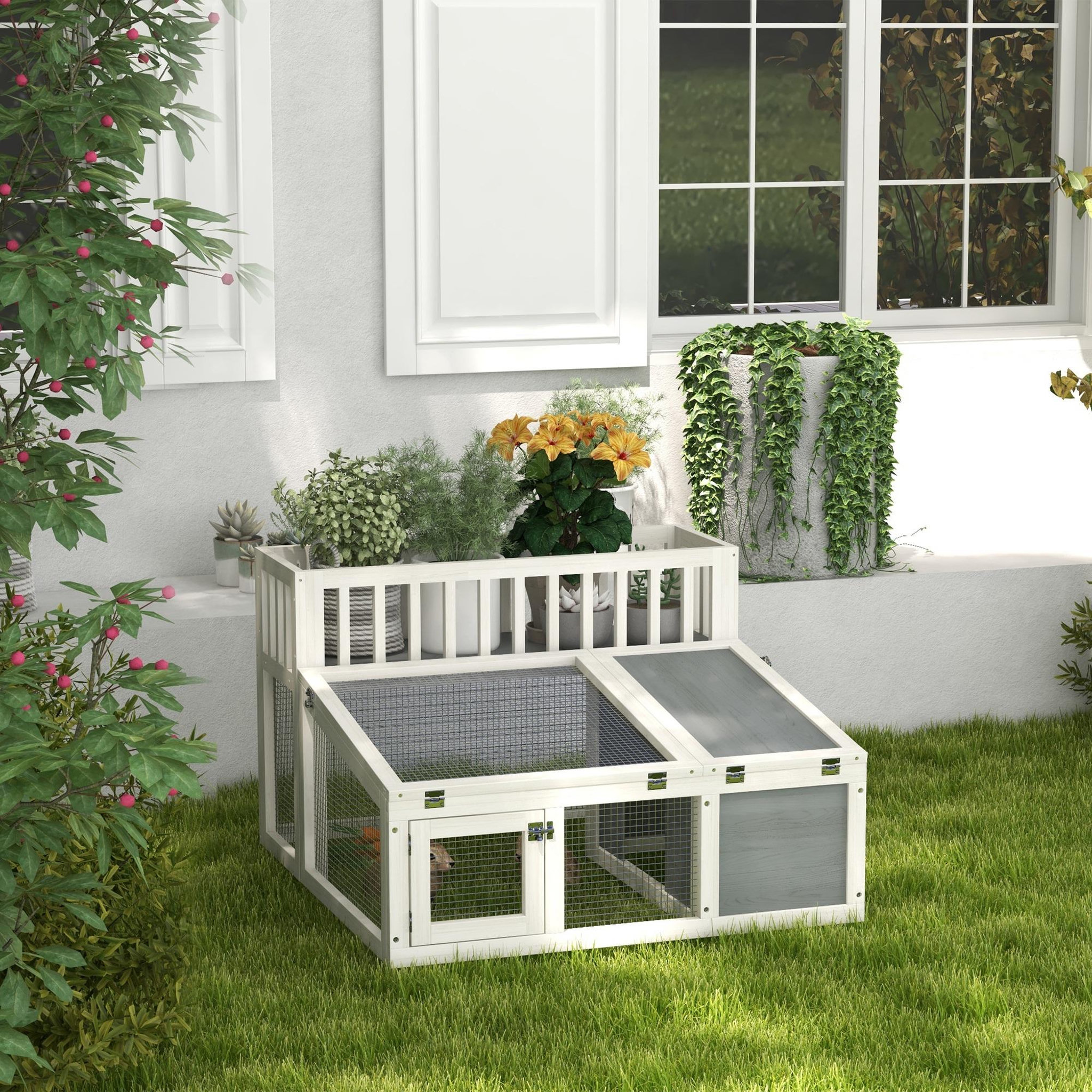 Voir la diapositive 2 : PAWHUT Clapier cage lapin design - espace déco, niche, enclos, nombreuses portes - bois gris blanc