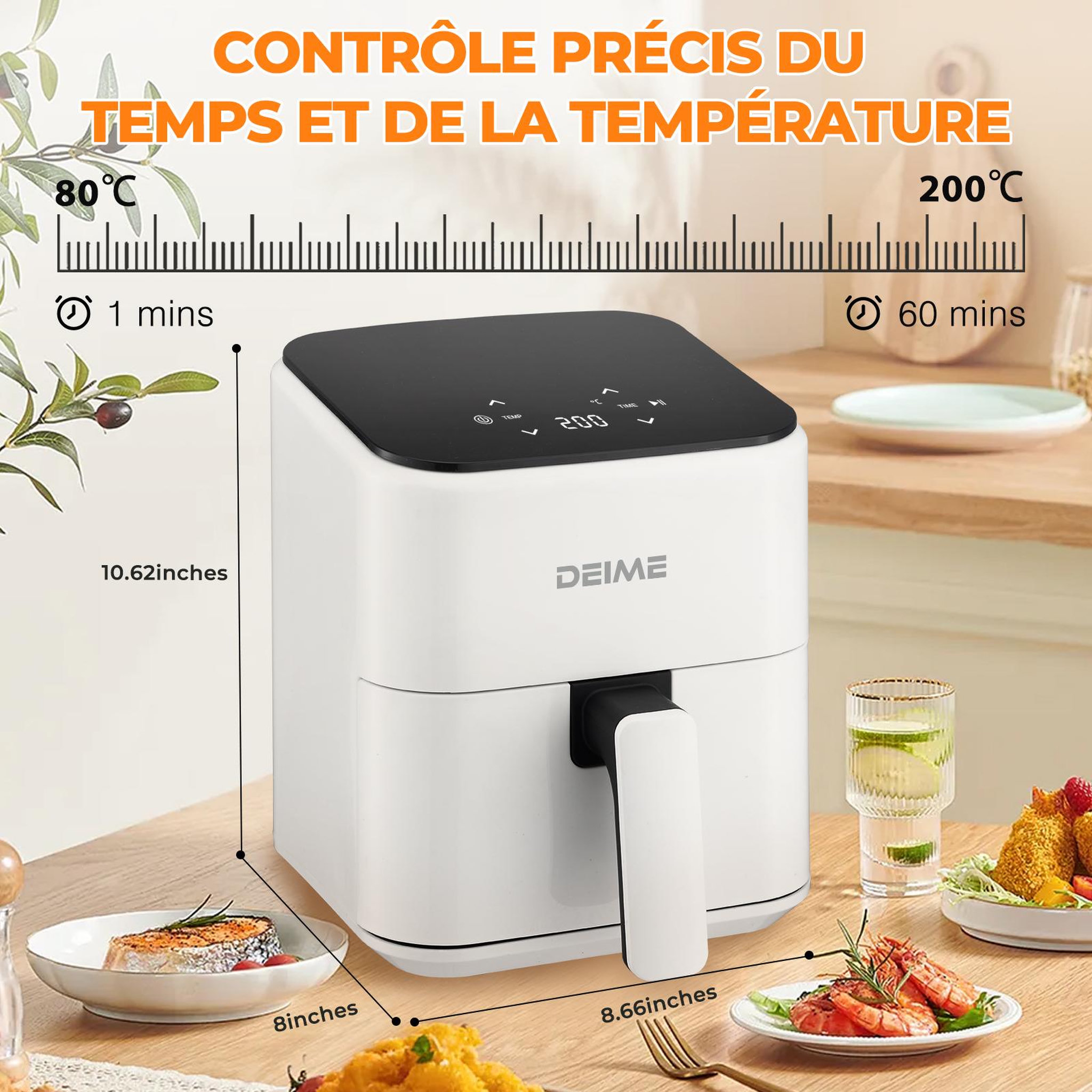 Voir la diapositive 2 : DEIME DEIME - Airfryer  2,5 l 1000 w écran tactile cuisson 360° – blanc