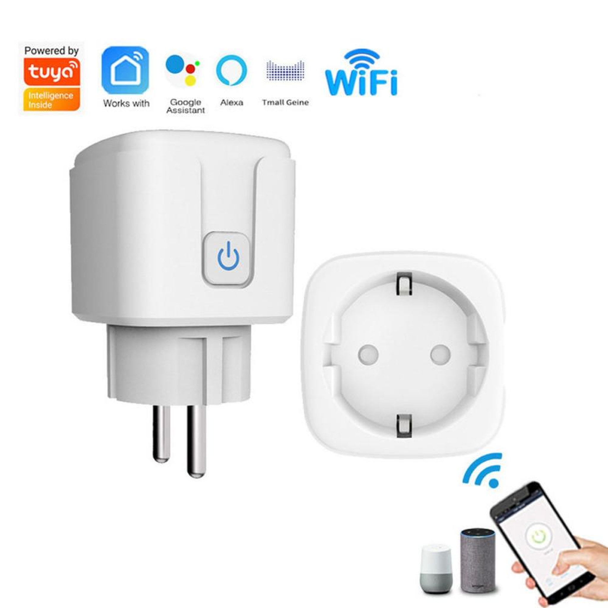 Prise connectée Wi‑Fi Mini 16 A 2,4 GHz commande vocale Alexa/Google, application et minuterie
