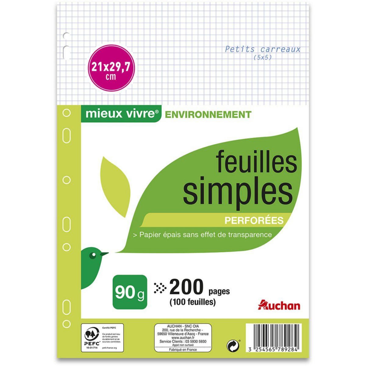 AUCHAN Feuilles simples 200 pages 21x29,7cm petits carreaux 5x5 perforées