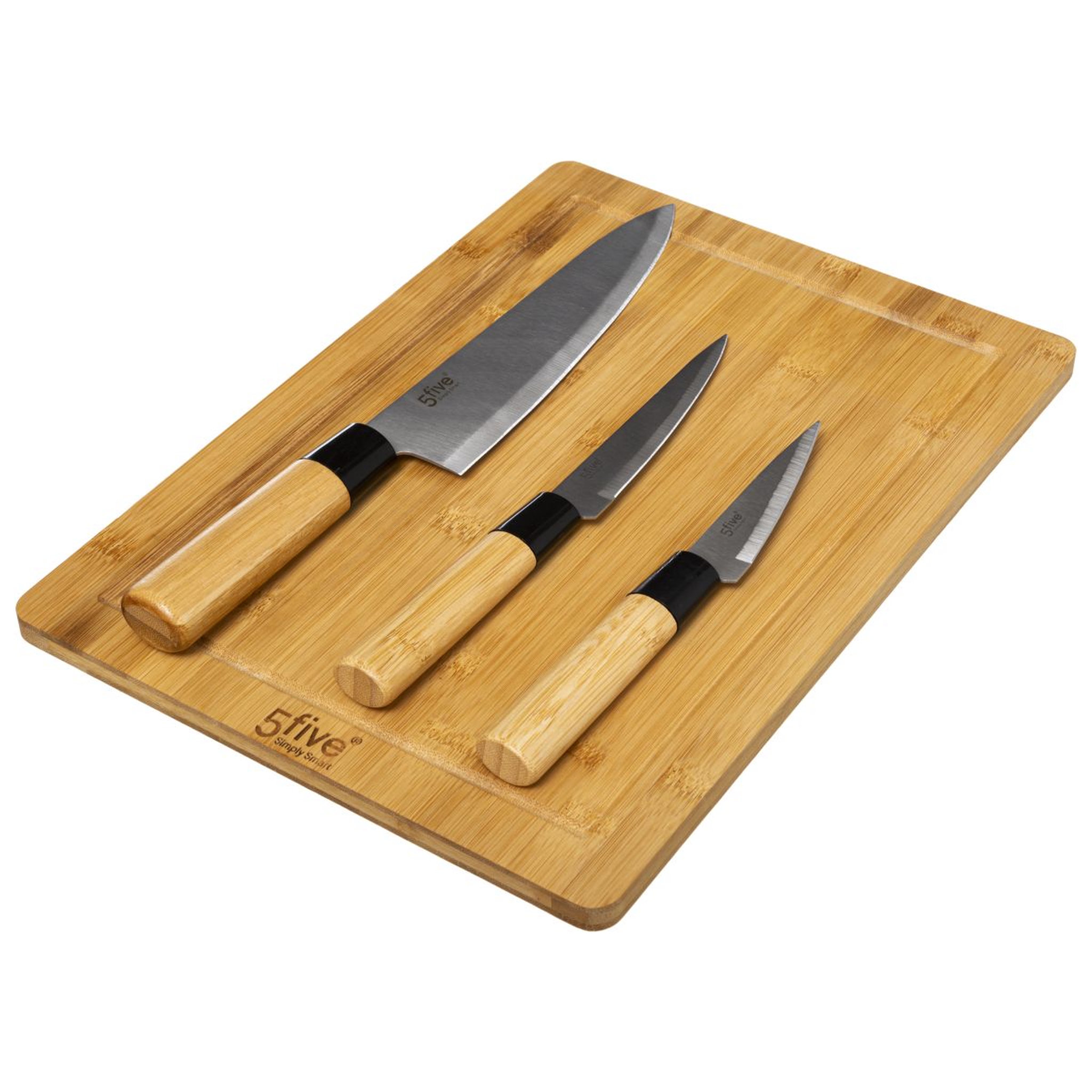 5 FIVE SIMPLY Planche de découpe + 3 couteaux en bambou
