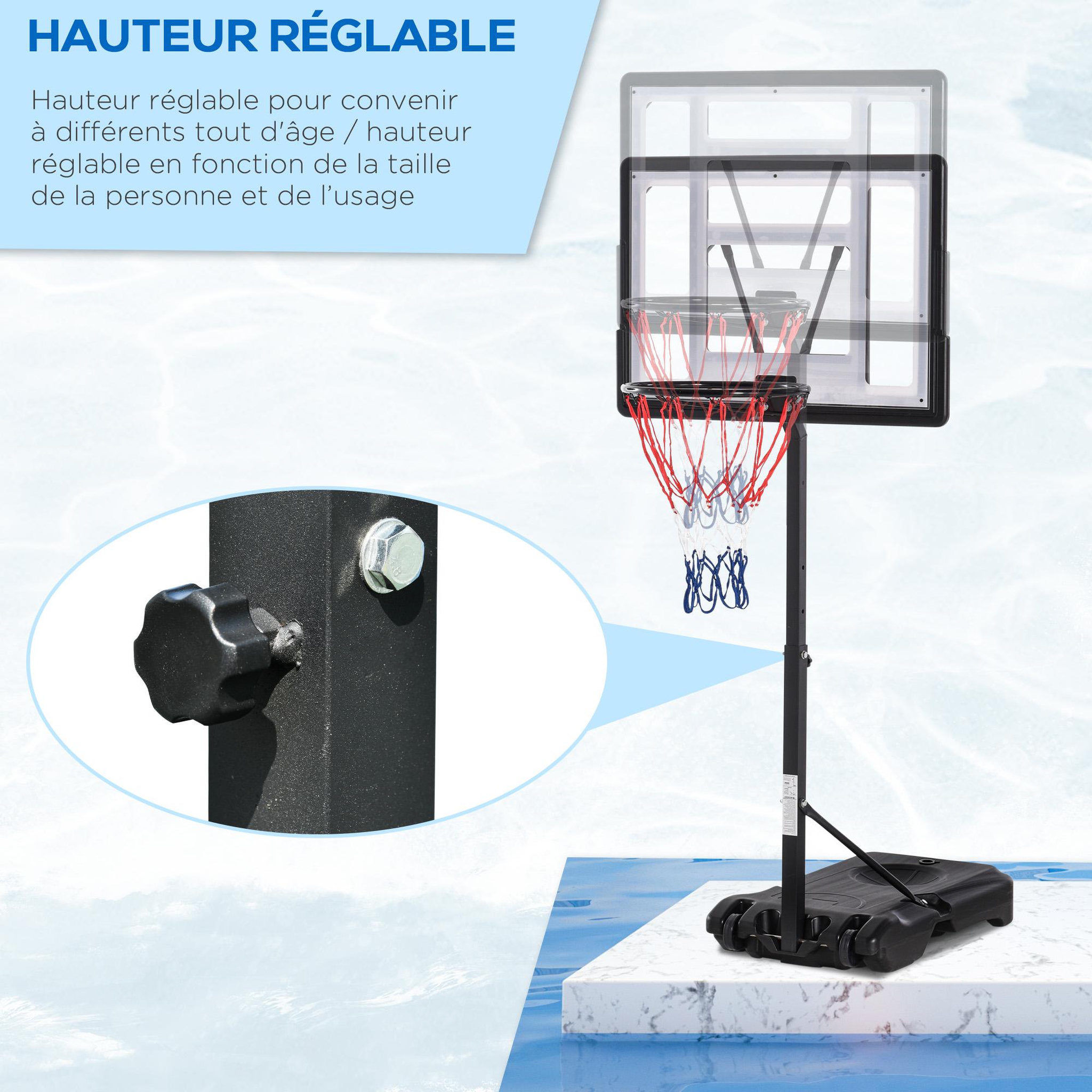 Voir la diapositive 4 : HOMCOM Panier de basket-ball sur pied pour bord de piscine poteau panneau, base de lestage sur roulettes hauteur arceau réglable 1,1 - 1,3 m noir blanc