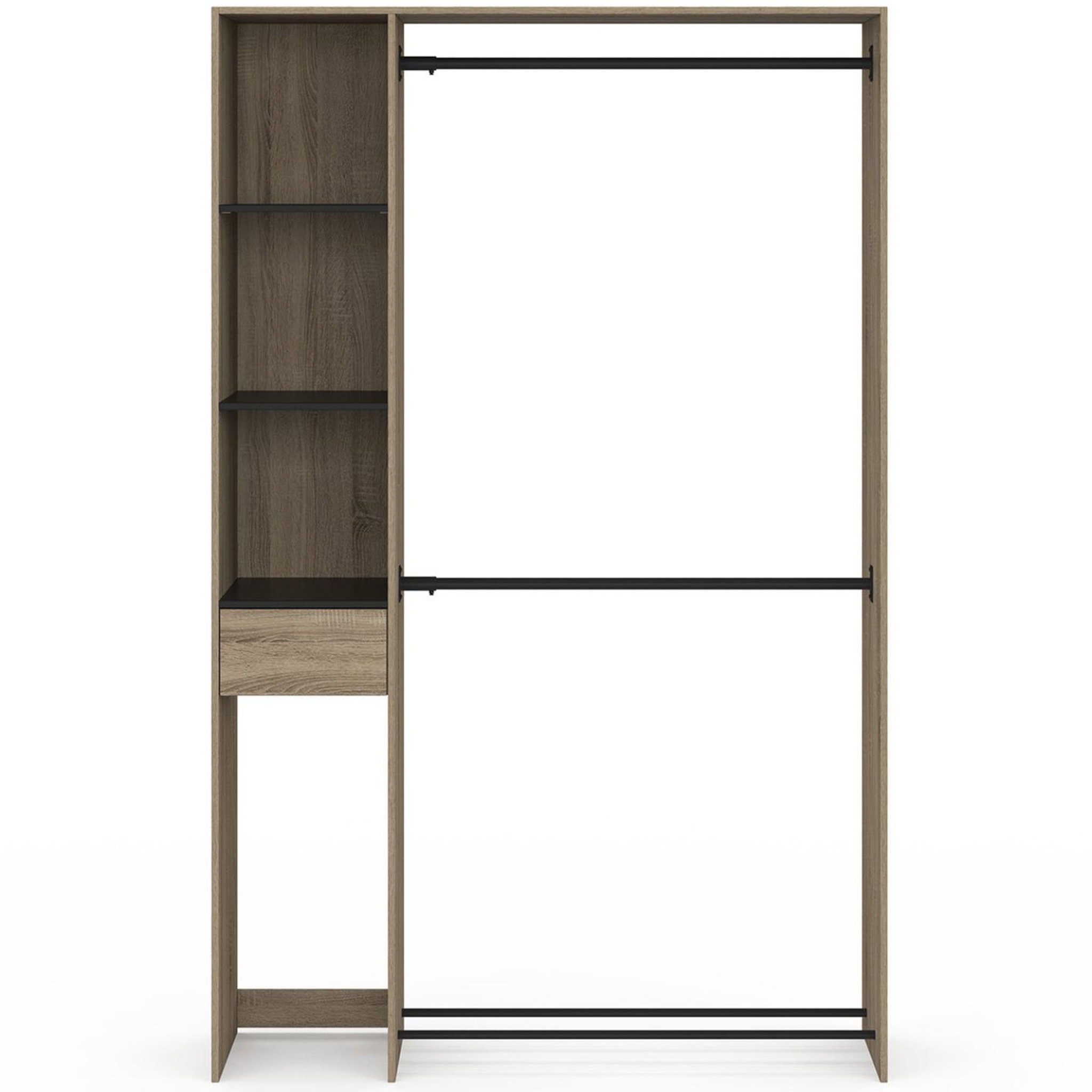 Voir la diapositive 3 : ID MARKET Dressing double penderie l. 110 cm mirty avec étagères + tiroir + rangements à chaussures hêtre et noir
