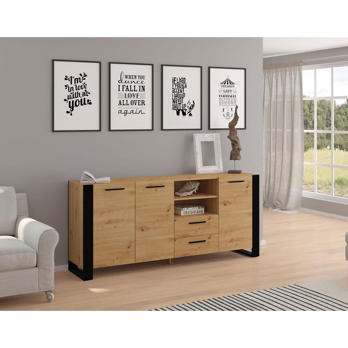 BEST MOBILIER Donnely - buffet bas - effet bois et noir - 198 cm