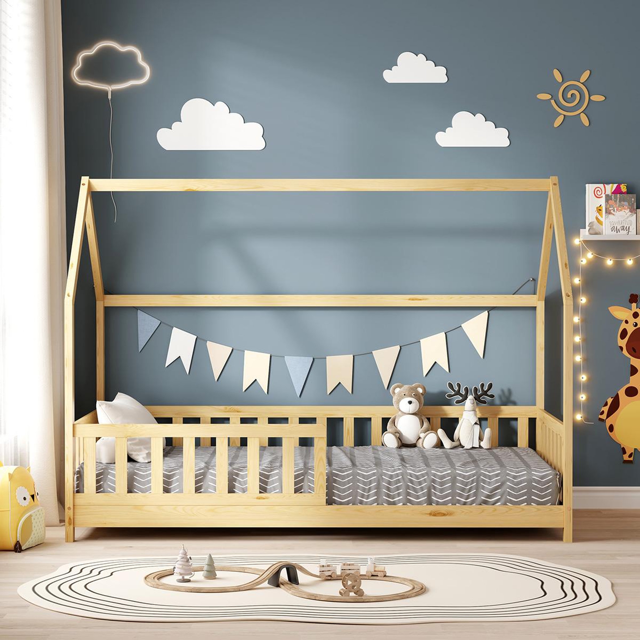 Voir la diapositive 3 : MINEA Minea | lit cabane avec barrière tchoupi 90x190 cm (matelas non inclus)
