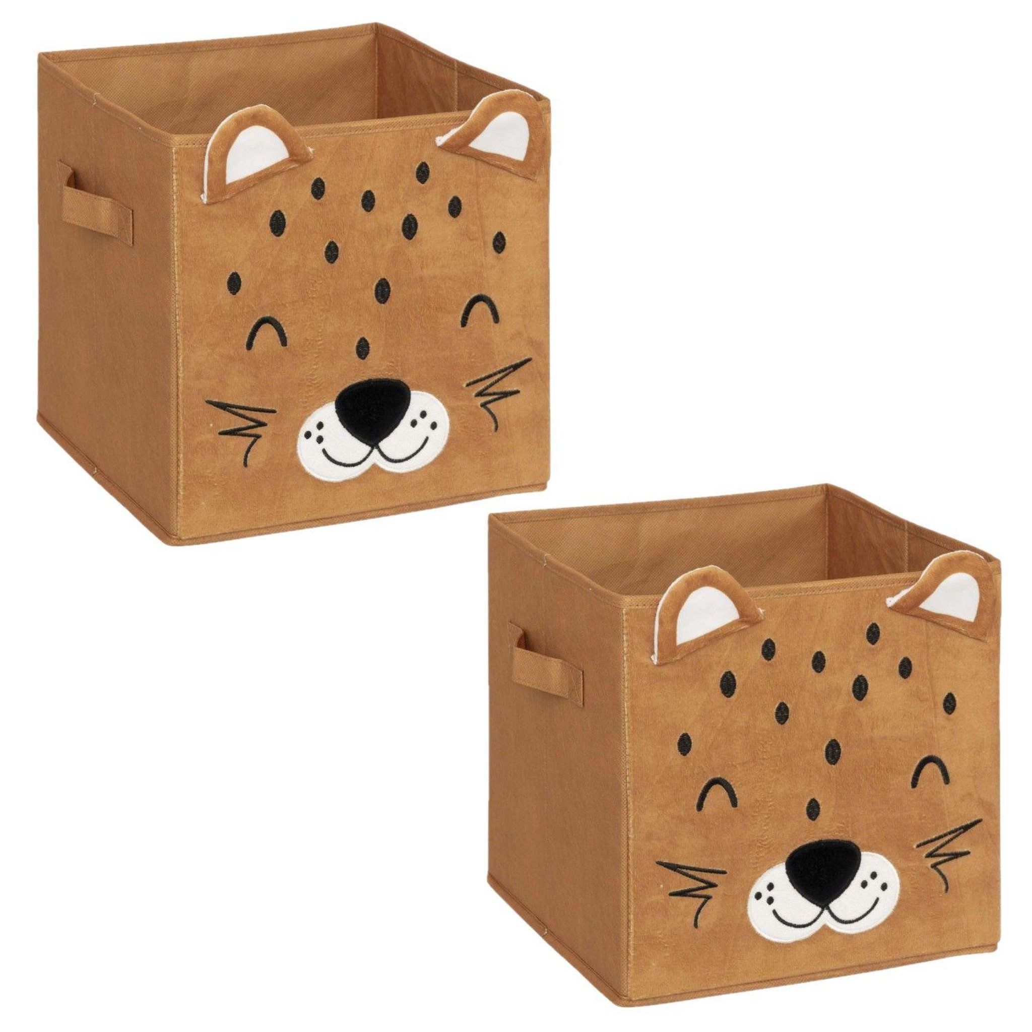 TOILINUX Lot de 2 boîtes de rangement enfant tigre en velours JOEY - L.29 x l.29 x H.29 cm - Marron