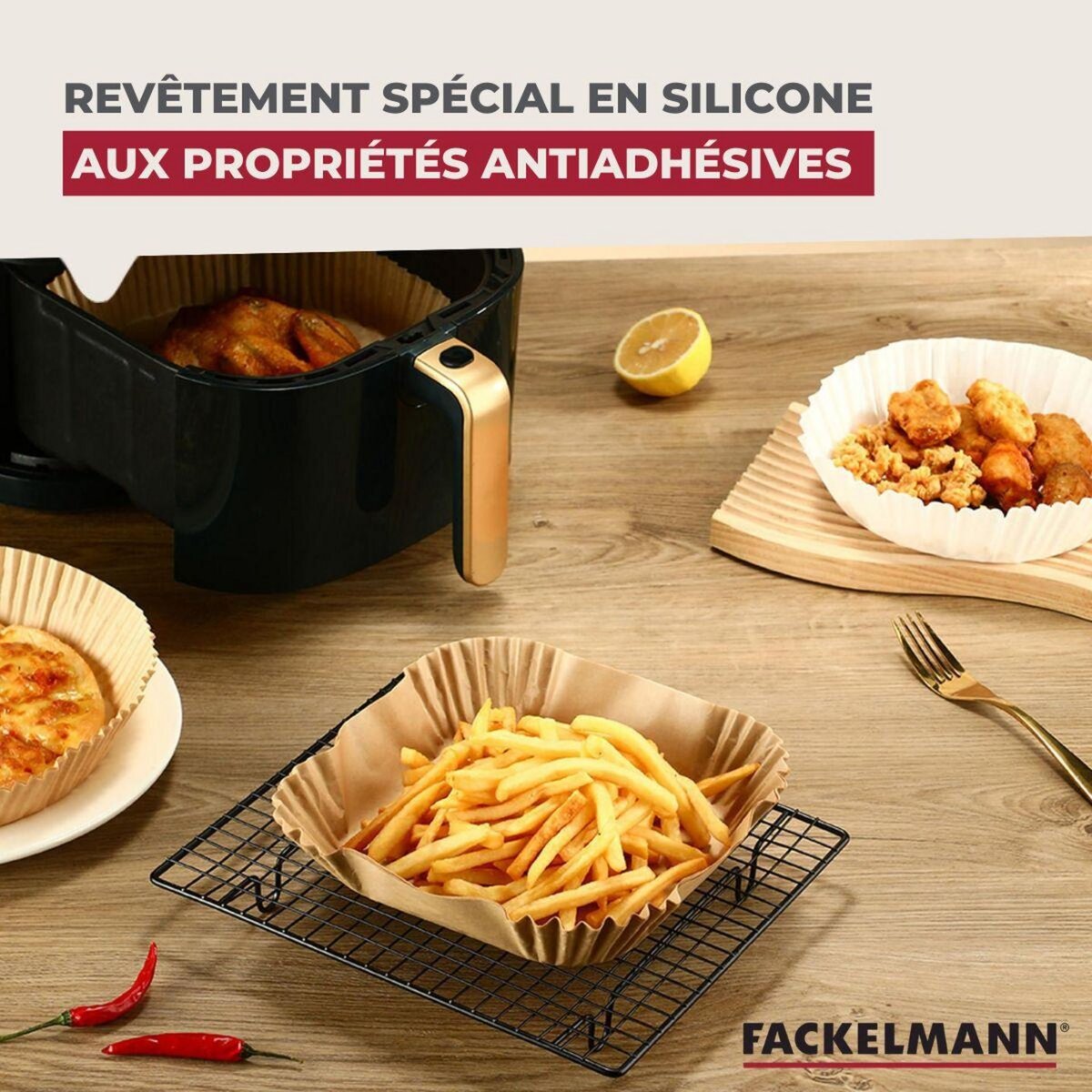 Fackelmann 50 Moules en papier antiadhésif pour friteuse air fryer sans huile carrés 20 cm Fackelmann