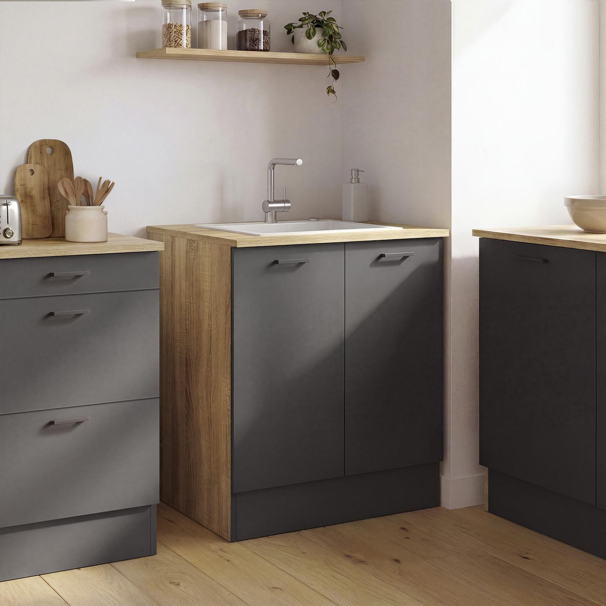 Voir la diapositive 5 : ID MARKET Meuble bas de cuisine 80 cm stil appoint 2 portes bois et noir