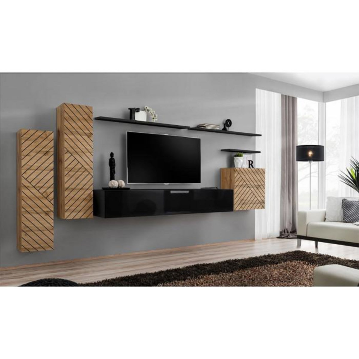 Paris Prix Ensemble Meuble TV  Switch Lamel I  330cm Noir & Naturel