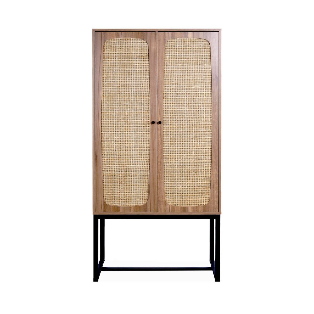 SWEEEK Buffet rétro décor bois foncé et cannage 2 portes avec pieds en métal noir H165cm