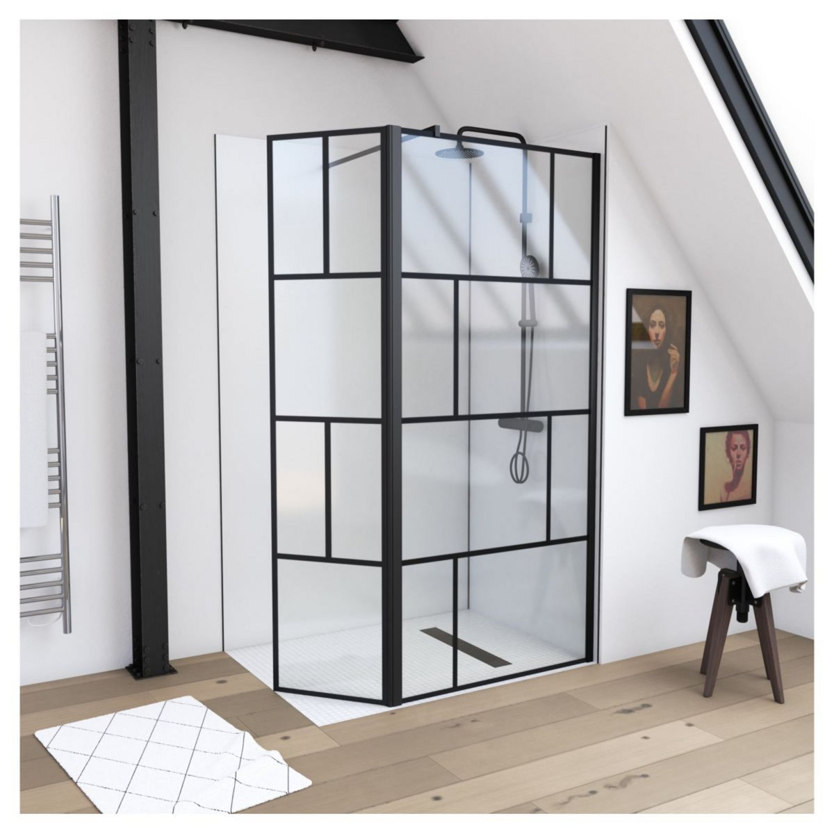 Aurlane Paroi de douche type indusriel noir avec volet piovant 90x195 cm - BRICKS 90+40