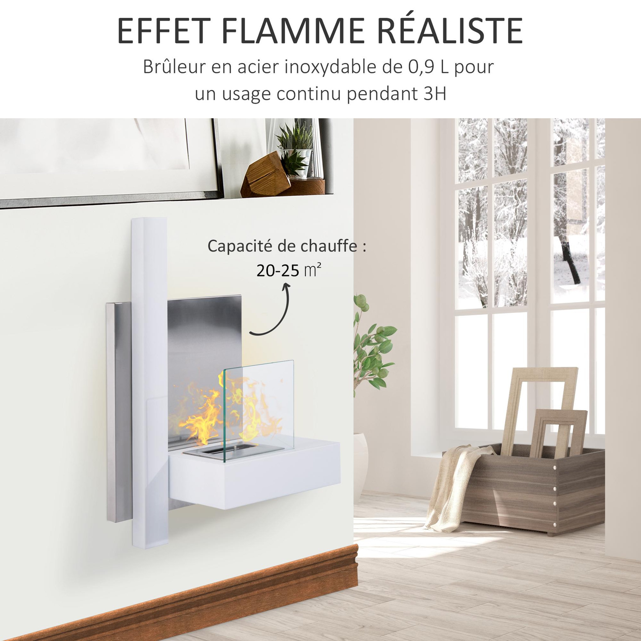 Voir la diapositive 4 : HOMCOM Cheminée bioéthanol murale design bauhaus 1 brûleur 1,5 l 75l x 22l x 63h cm couverture 20-25 m² acier blanc inox. Brossé
