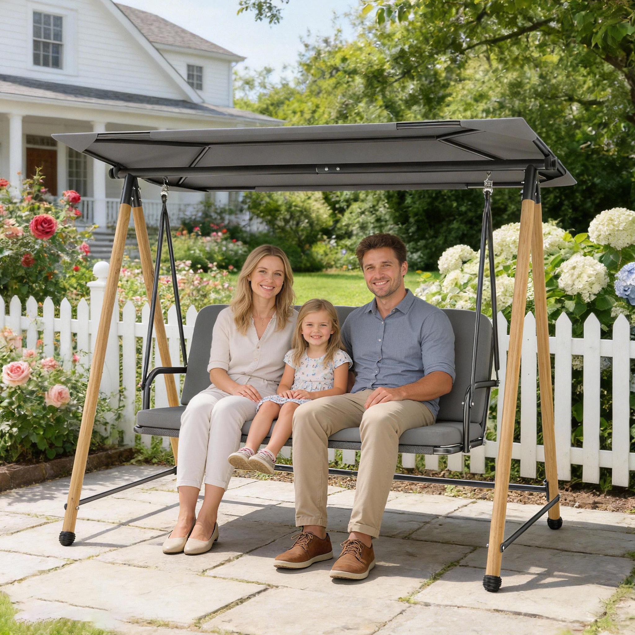 Voir la diapositive 6 : OUTSUNNY Balancelle de jardin 3 places design structure acier effet bois auvent réglable gris