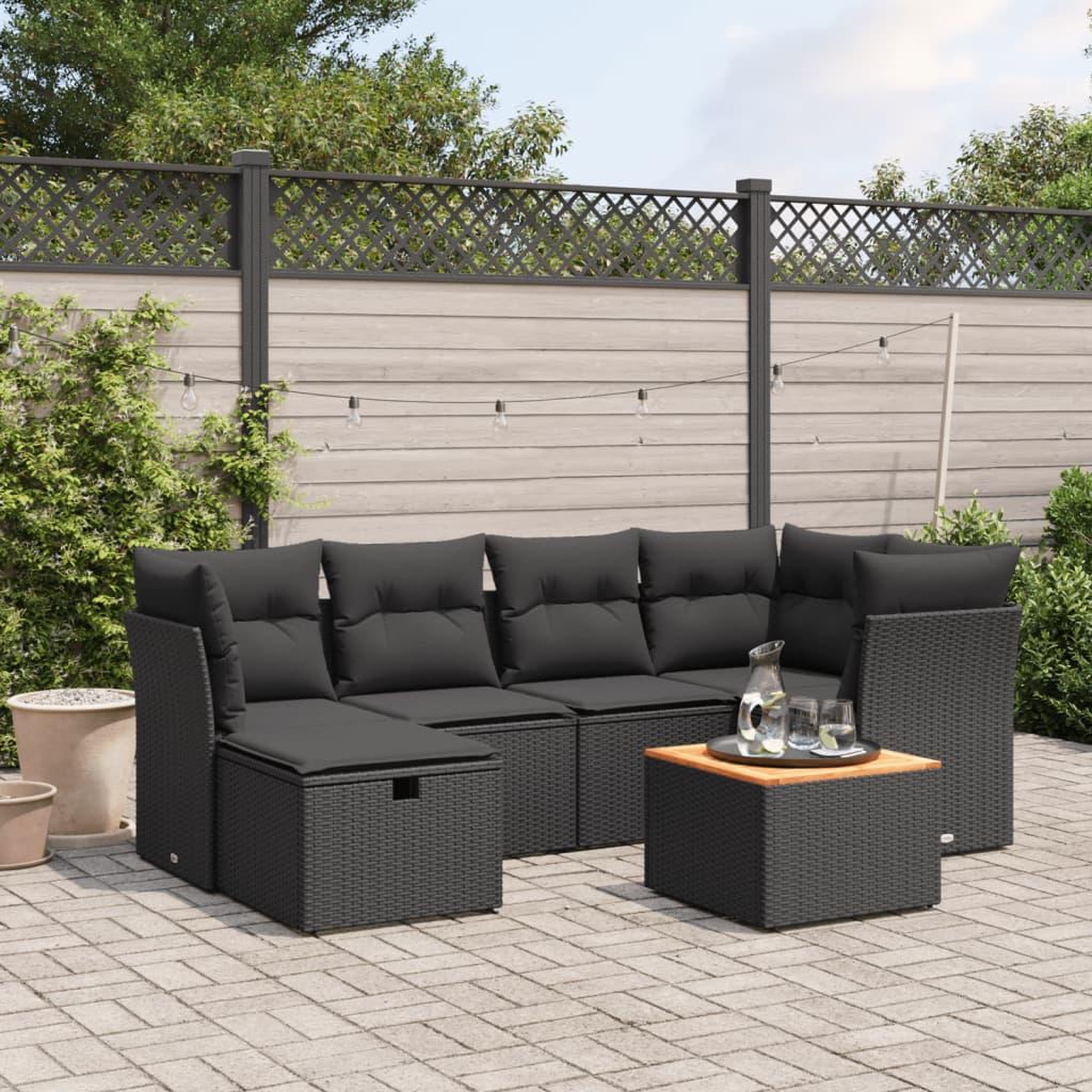 VIDAXL Salon de jardin 7 pcs avec coussins noir resine tressee