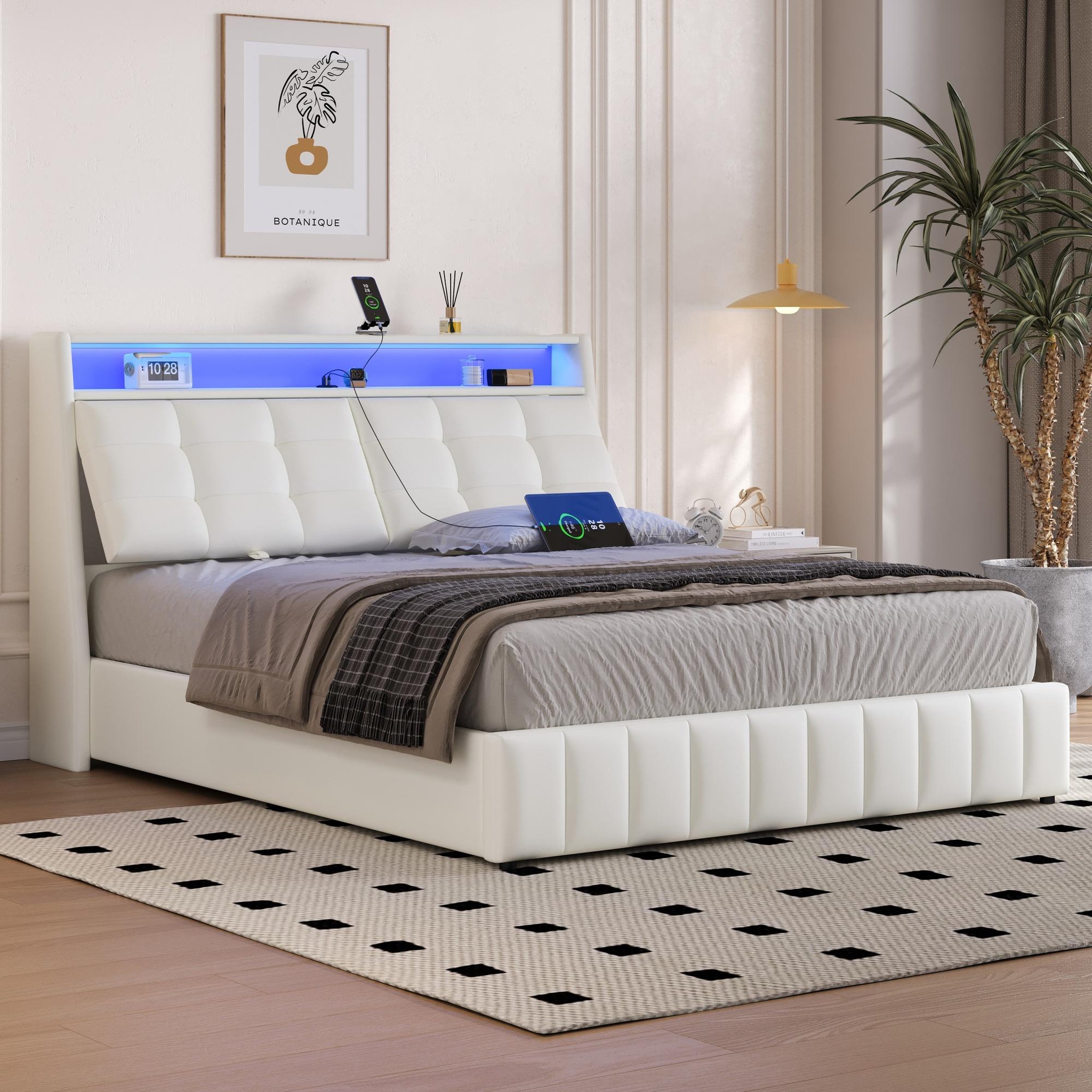 Voir la diapositive 5 : MERAX Lit coffre rembourré 160x200 cm coloris blanc led mdf