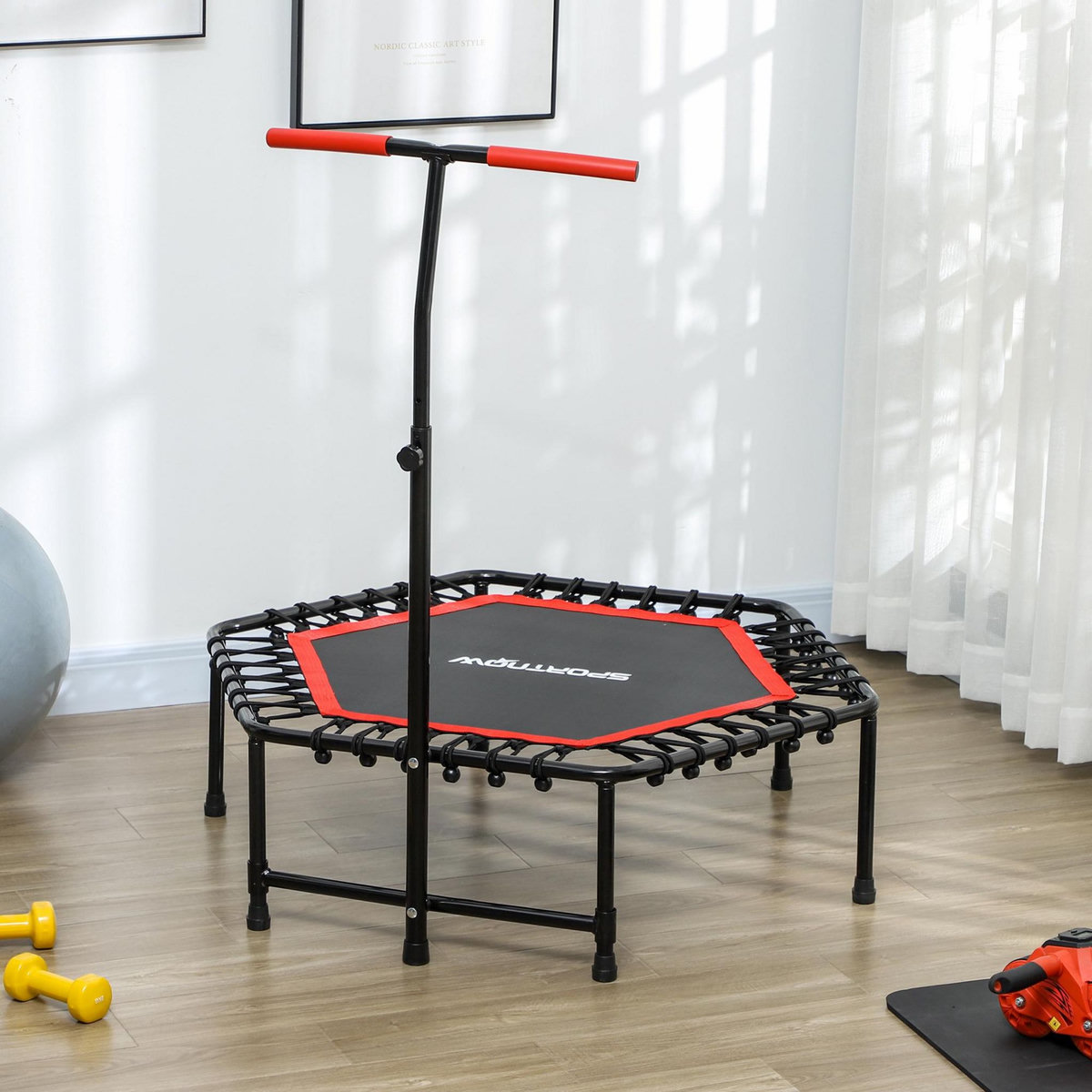 HOMCOM Trampoline de Fitness gymnastique Ø114 cm élastiques Bungee guidon hauteur réglable 117-132 cm rouge noir