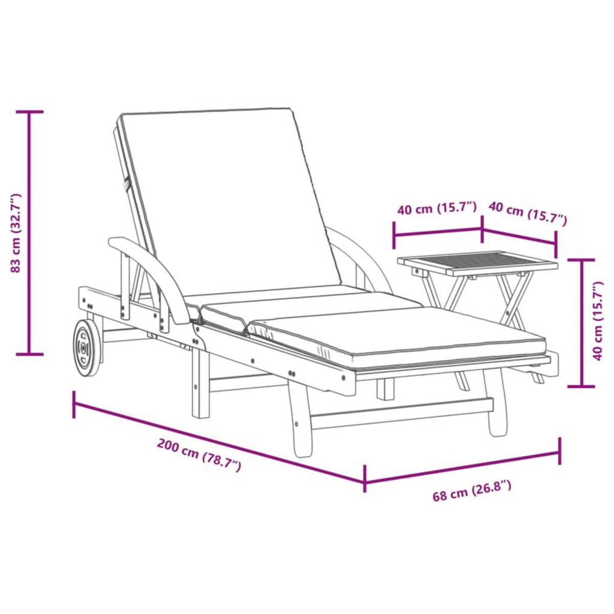 VIDAXL Chaise longue avec coussin et table bois d'acacia massif