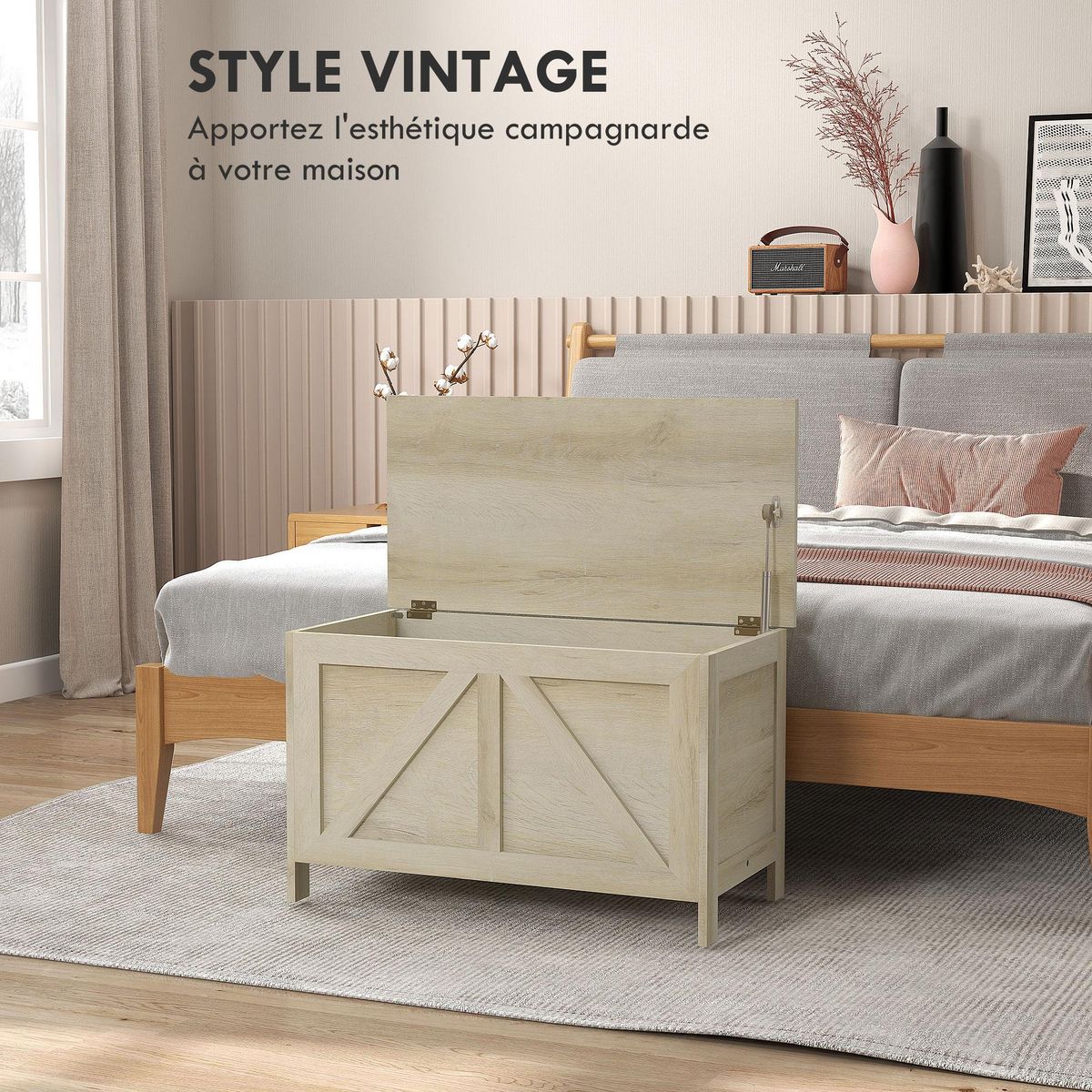 HOMCOM Coffre de rangement en bois sur pied style campagne chic dim. 76L x 39l x 48H cm aspect bois clair