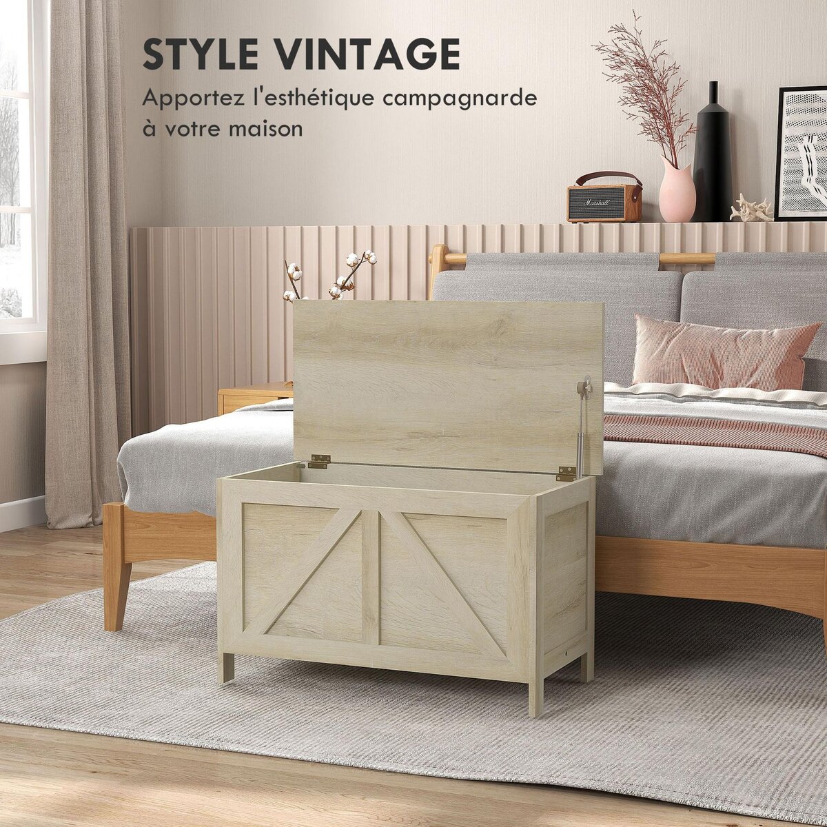 HOMCOM Coffre de rangement en bois sur pied style campagne chic dim. 76L x 39l x 48H cm aspect bois clair