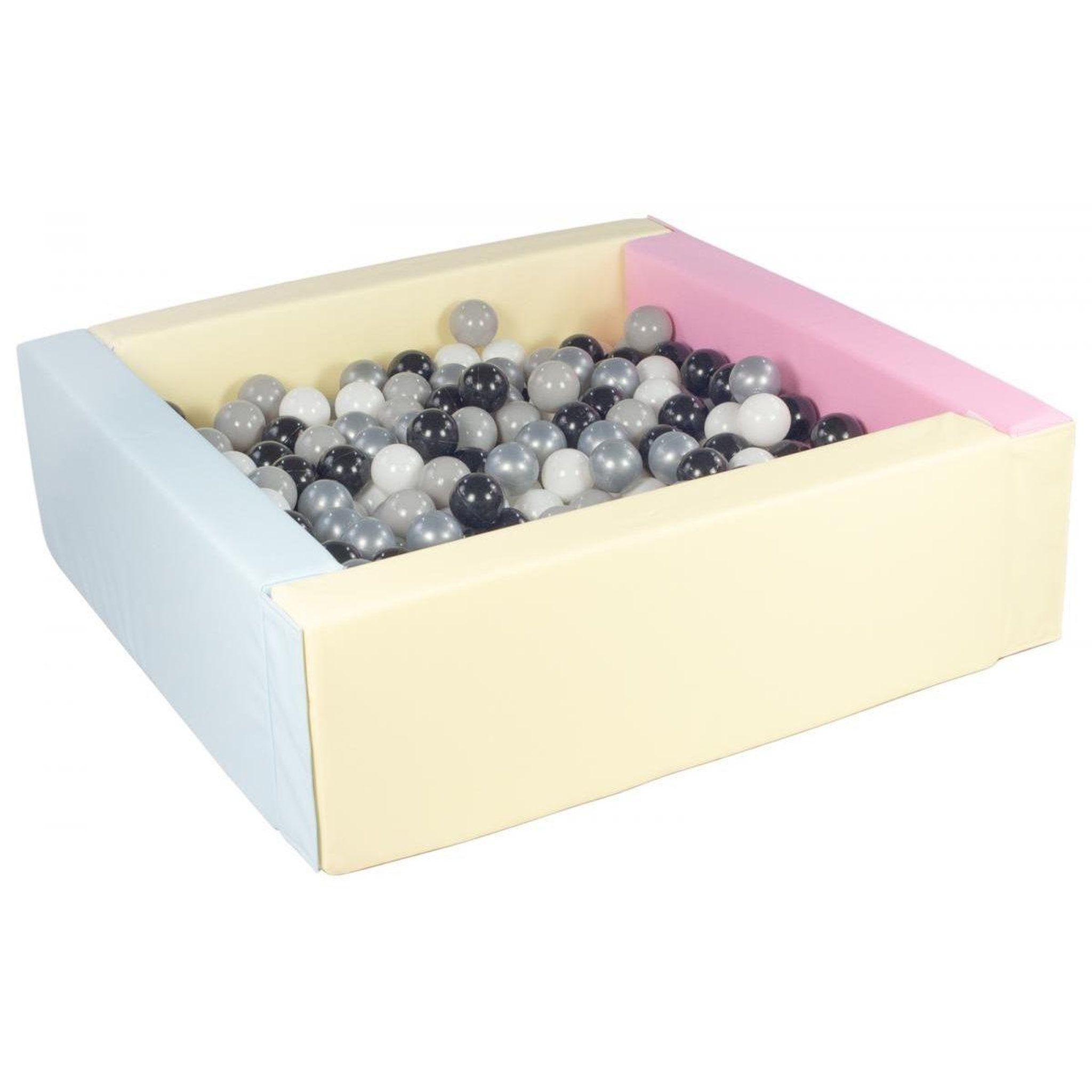 VELINDA Piscine à balles carrée avec 300 balles - rose, bleu, jaune (pastel)/noir, blanc, gris, argent
