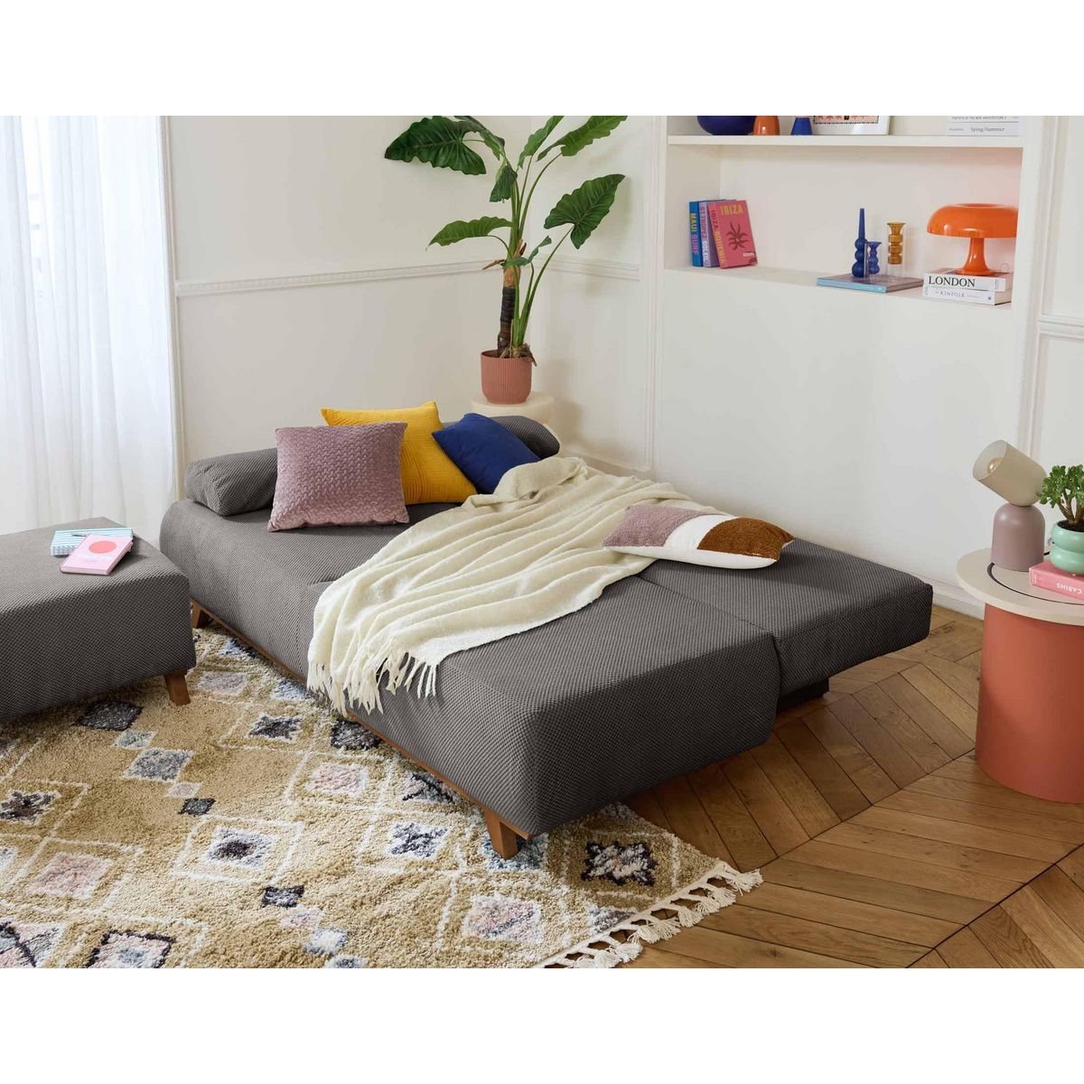 BEST MOBILIER Cristal - canapé 3 places - convertible avec coffre et pouf - en velours texturé