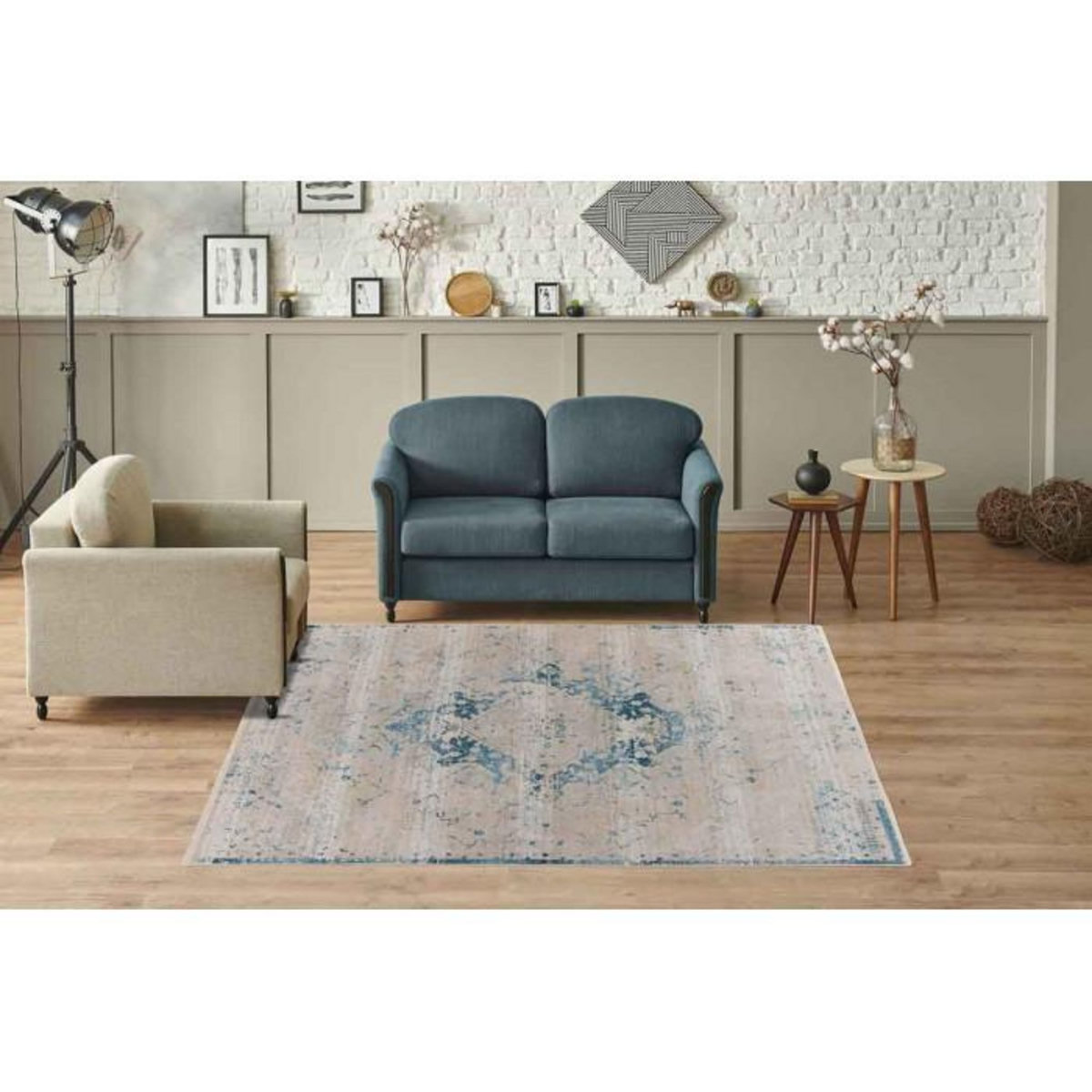 Paris Prix Tapis Tissé Oriental à Poils Courts  Dilan  Bleu