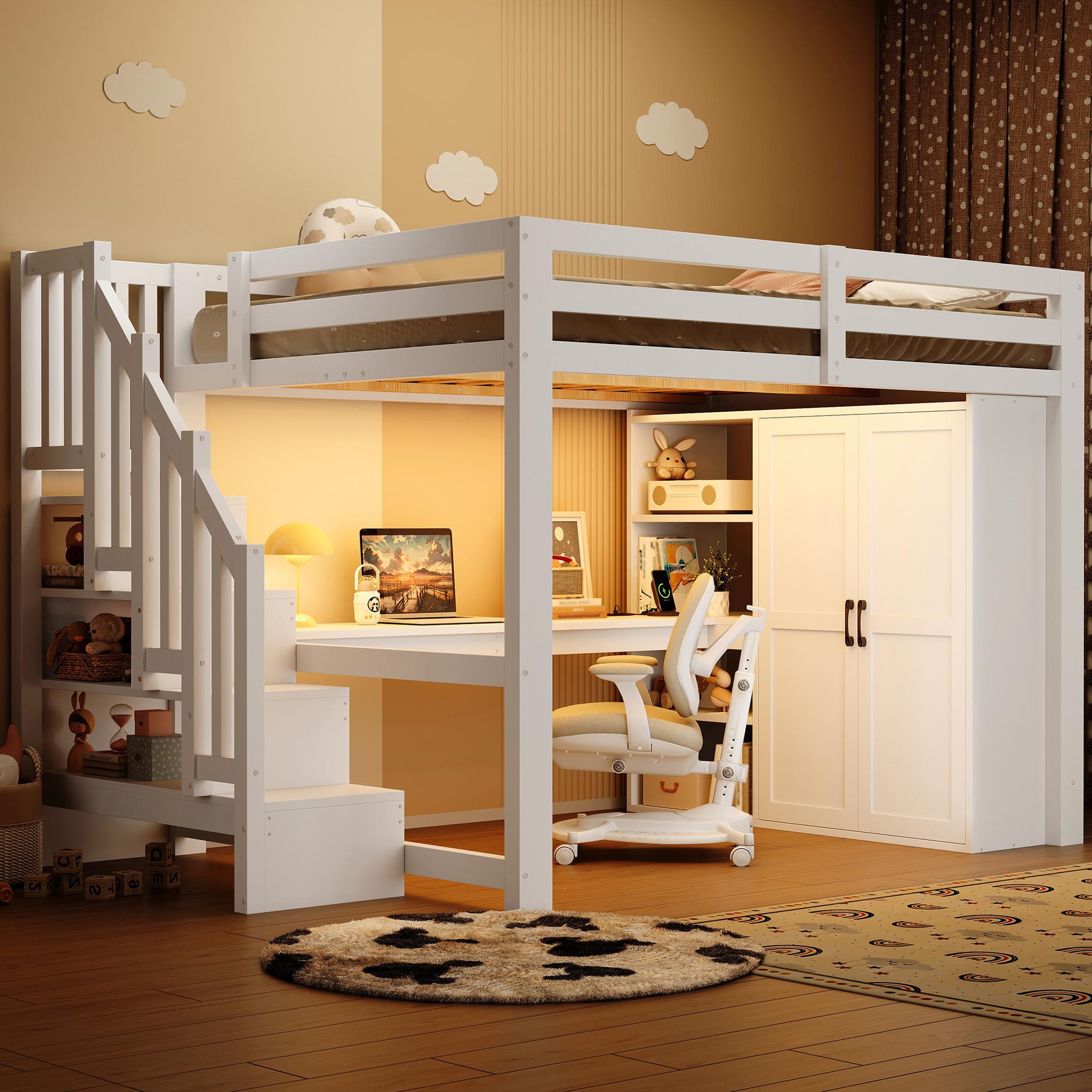 Voir la diapositive 5 : MERAX Lit combiné enfant 140x200 cm coloris blanc led pin