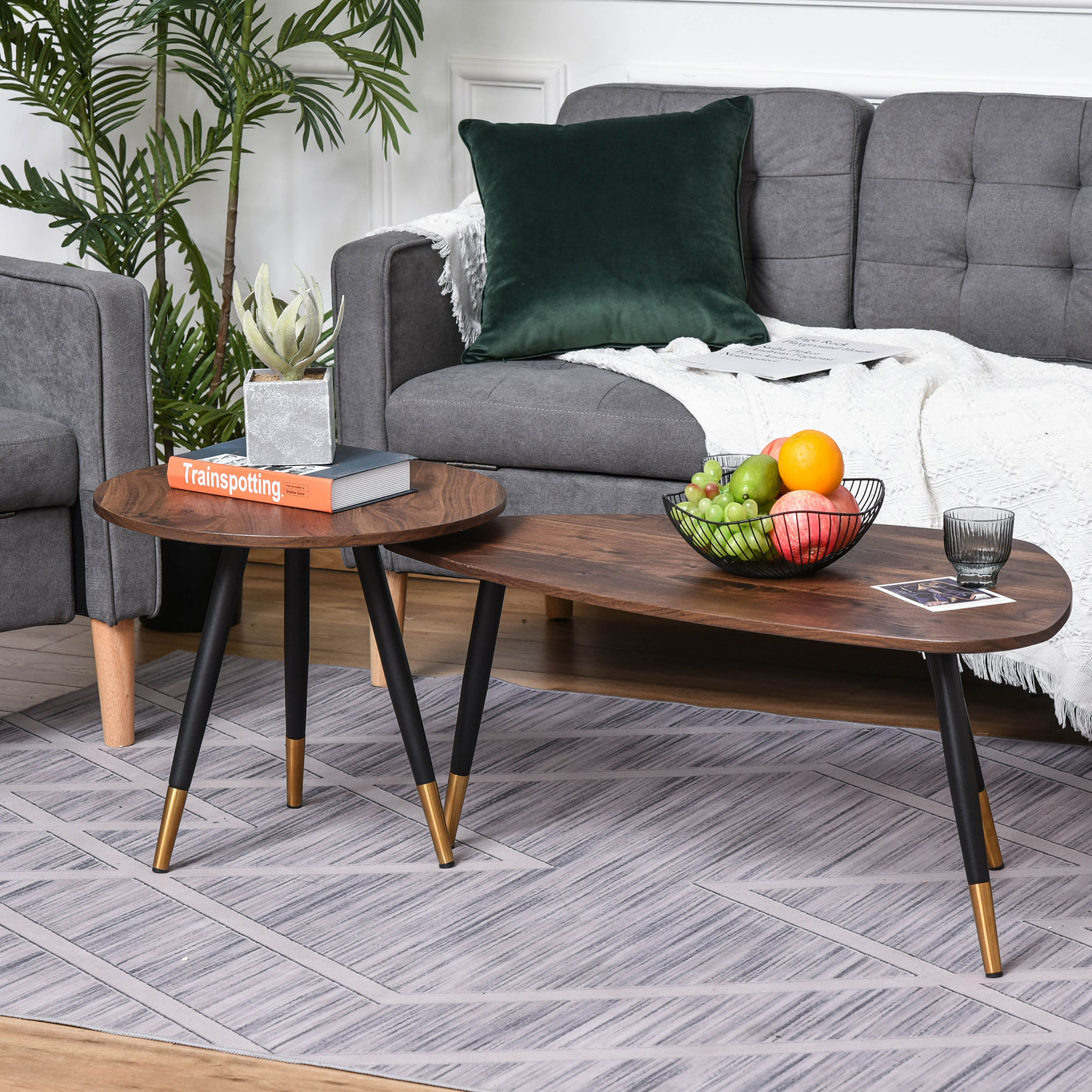 Voir la diapositive 2 : HOMCOM Lot de 2 tables basses gigognes style art déco pieds effilés inclinés métal noir extrémités doré plateaux MDF aspect teck foncé