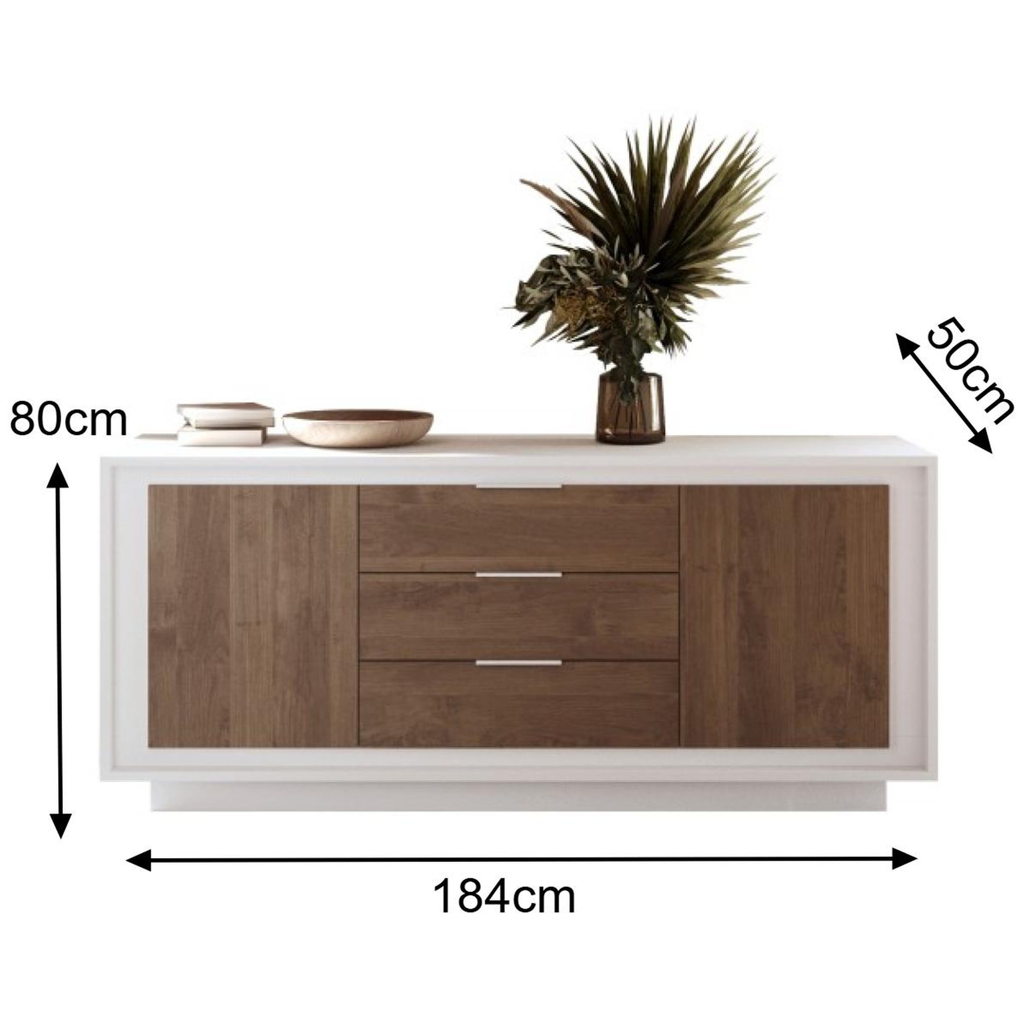 Voir la diapositive 5 : JLC KREATION Buffet bas blanc et noyer 2 portes-3 tiroirs 180cm YORI