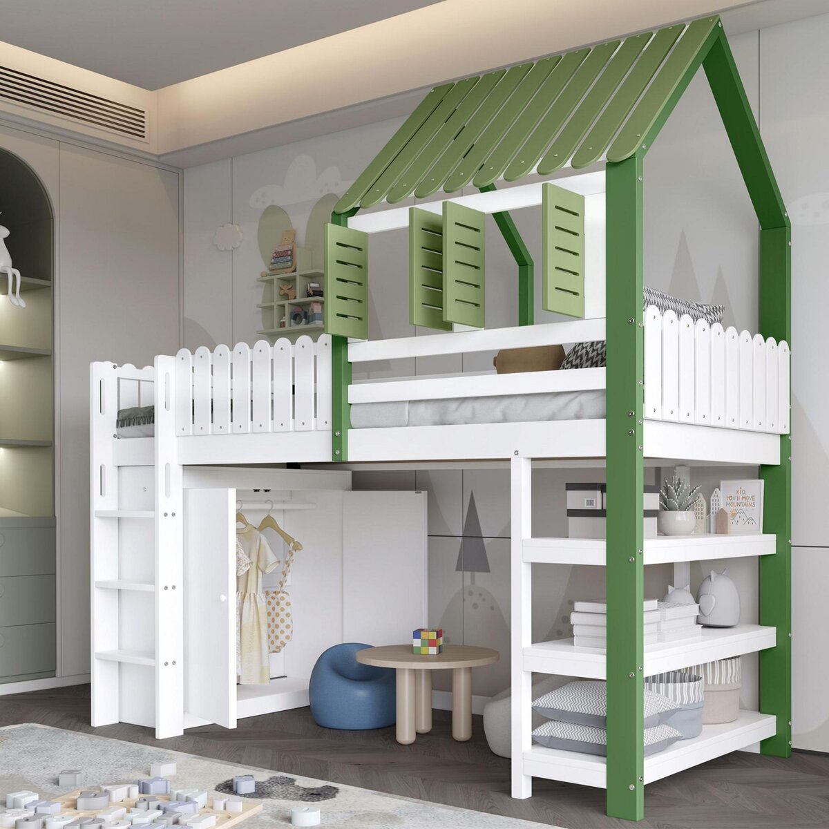 MERAX Lit combiné enfant 90x200cm bois et mdf coloris blanc+vert