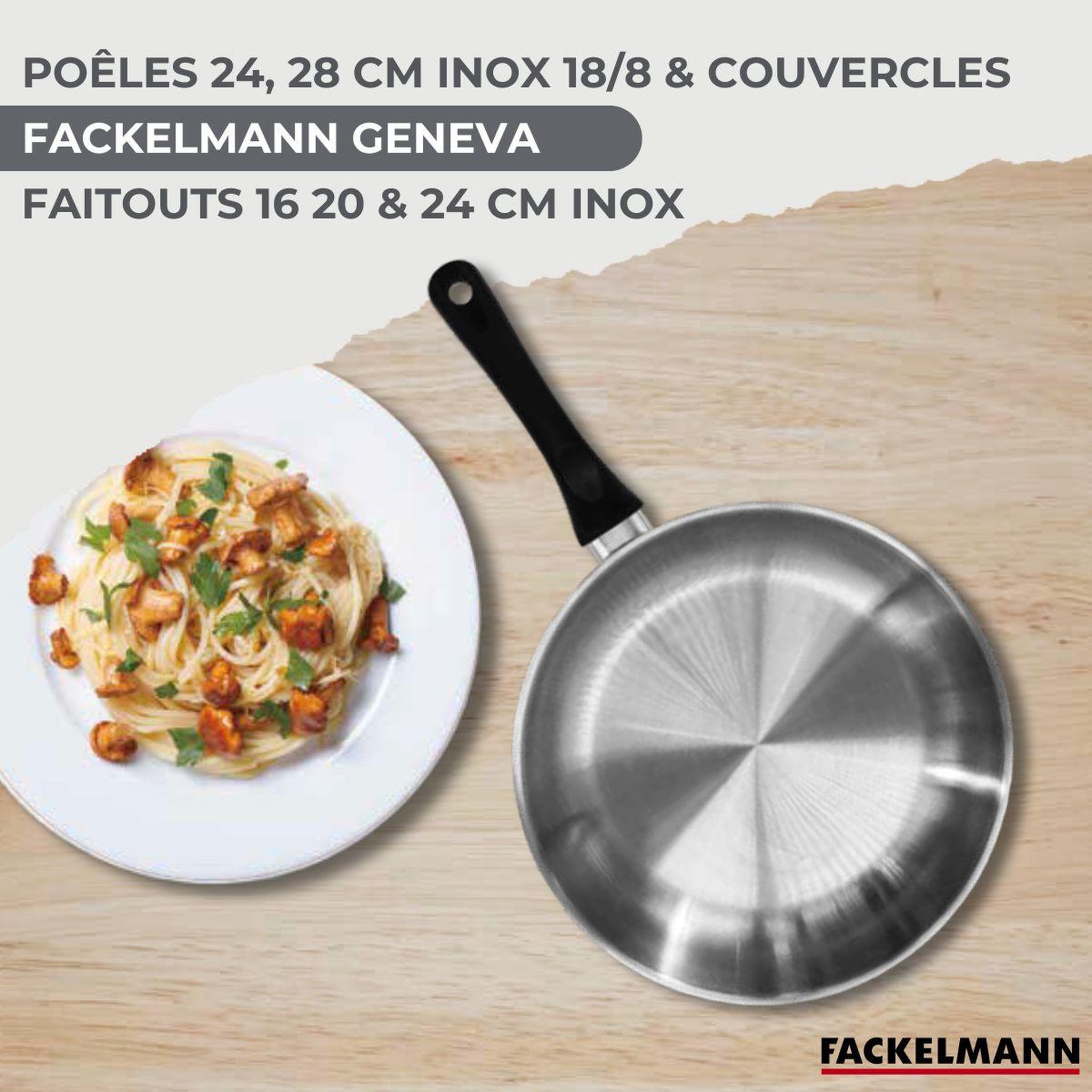 Voir la diapositive 2 : Fackelmann Batterie de cuisine avec 2 poêles 24/28 cm et 3 faitouts 16/20/24 cm sans pfas fackelmann généva brillant avec couvercles