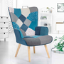Voir la diapositive 2 : ID MARKET Fauteuil scandinave IVAR en tissu patchwork et velours bleu