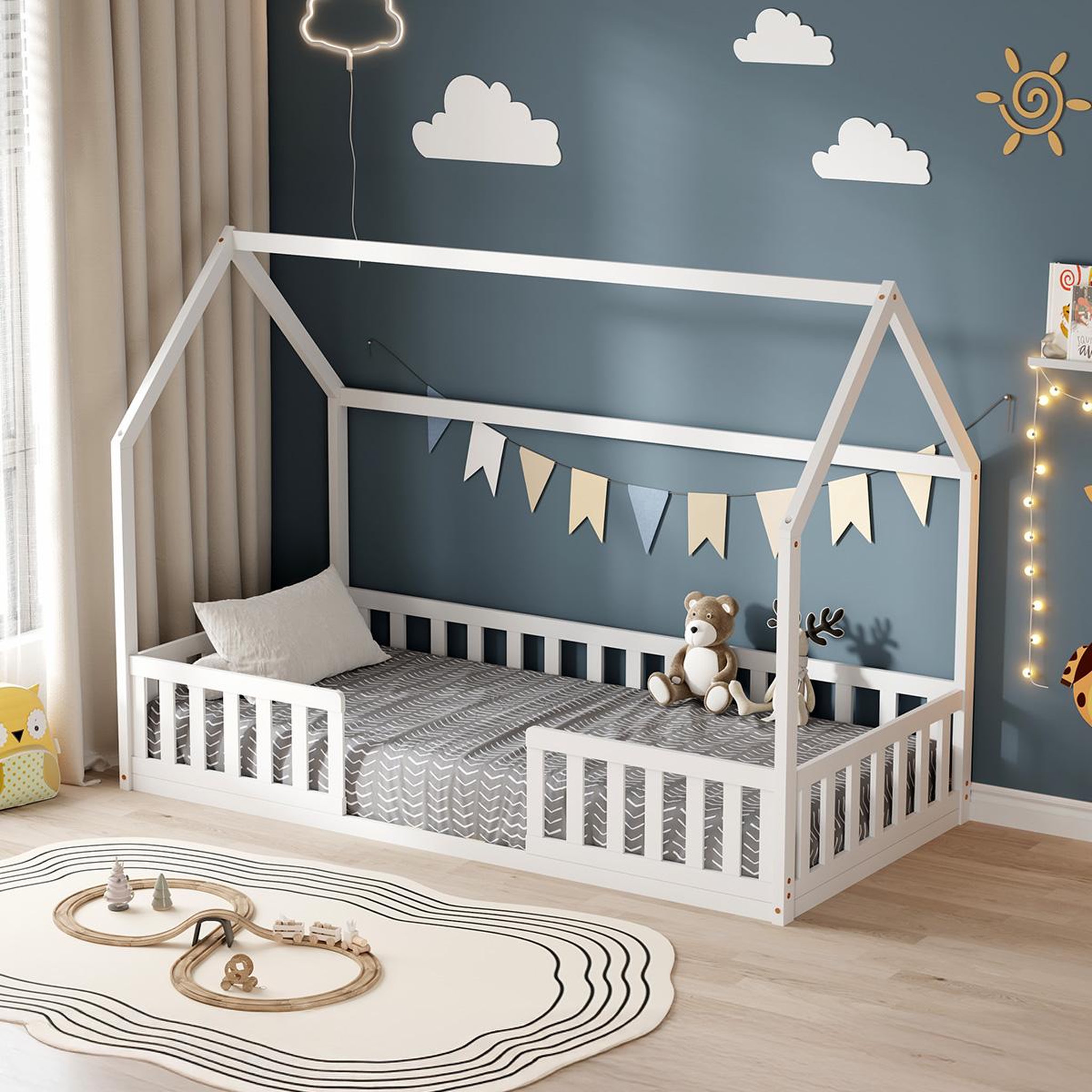 Voir la diapositive 1 : MINEA Minea | lit cabane avec barrière nid enchante 90x190 cm (matelas non inclus)