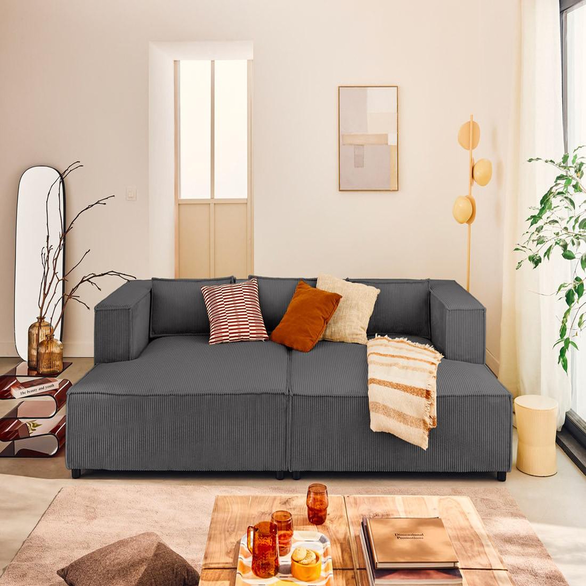 LISA DESIGN Stella - canapé droit 3 places avec double méridienne - assise profonde - en velours côtelé. Coloris disponibles : Bleu, Vert, Beige, Rose, Gris, Orange, Marron