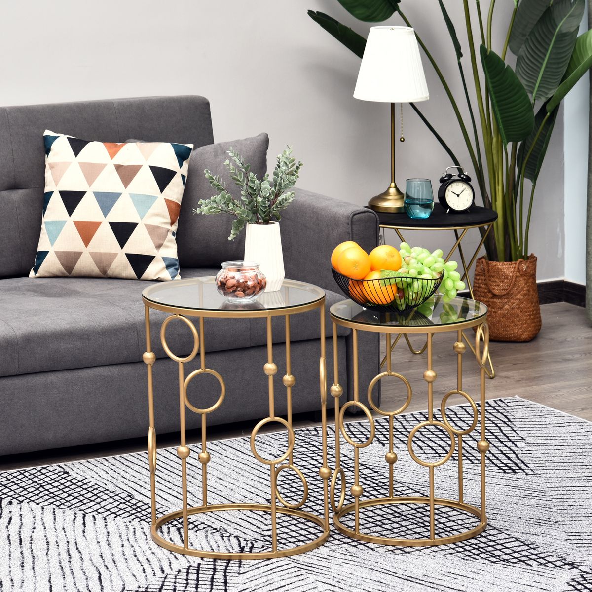 HOMCOM Tables gigognes lot de 2 tables basses rondes design style art déco Ø 41 et Ø 36 cm métal doré verre trempé 5 mm