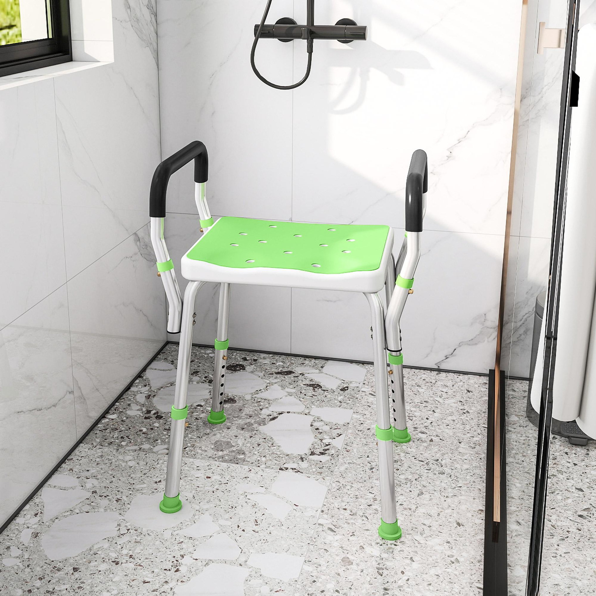 Voir la diapositive 4 : HOMCOM Chaise de douche tabouret de douche antidérapant - hauteur réglable, accoudoirs - alu hdpe vert