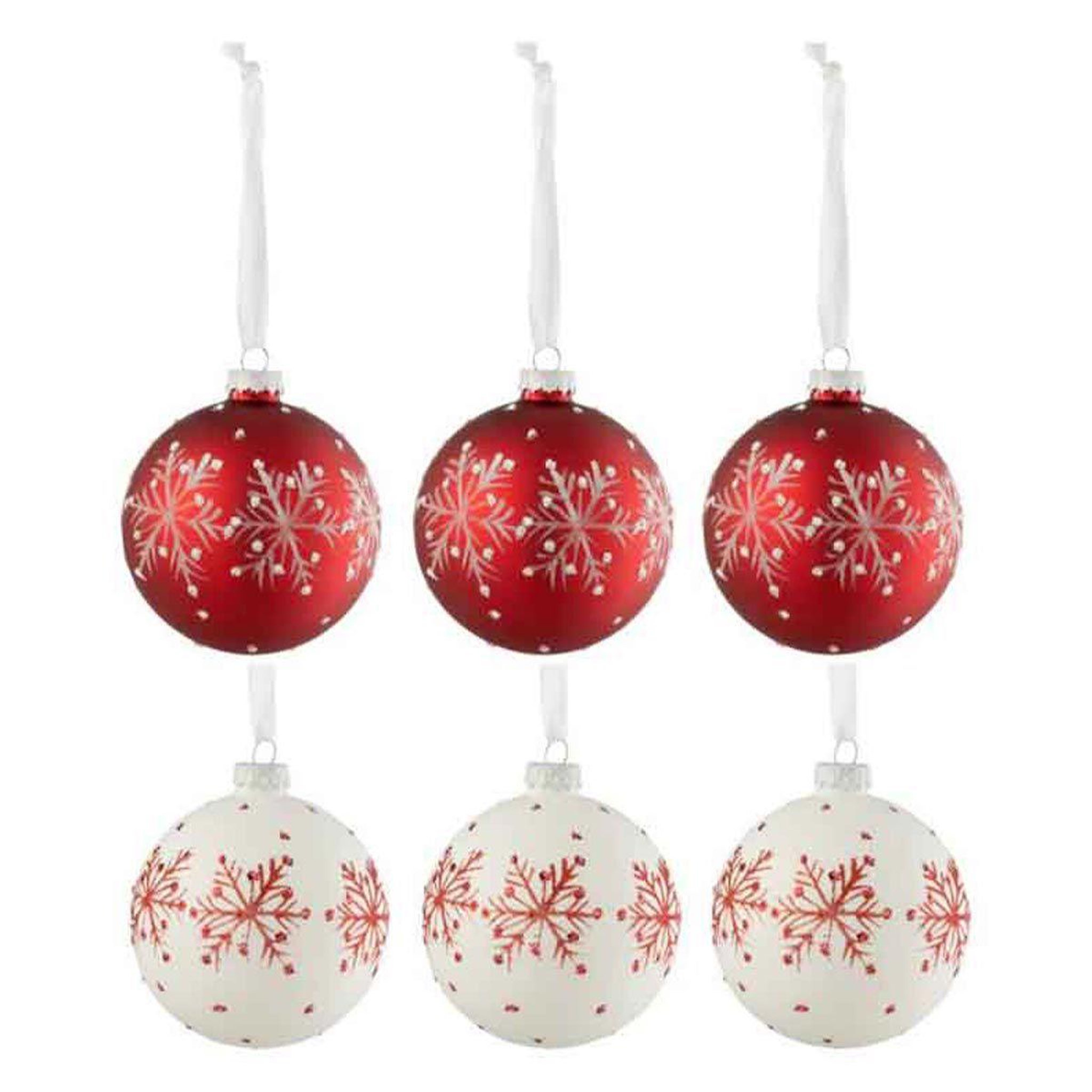 J-LINE Lot de 6 boules de noël  flocons de neige  8cm blanc & rouge