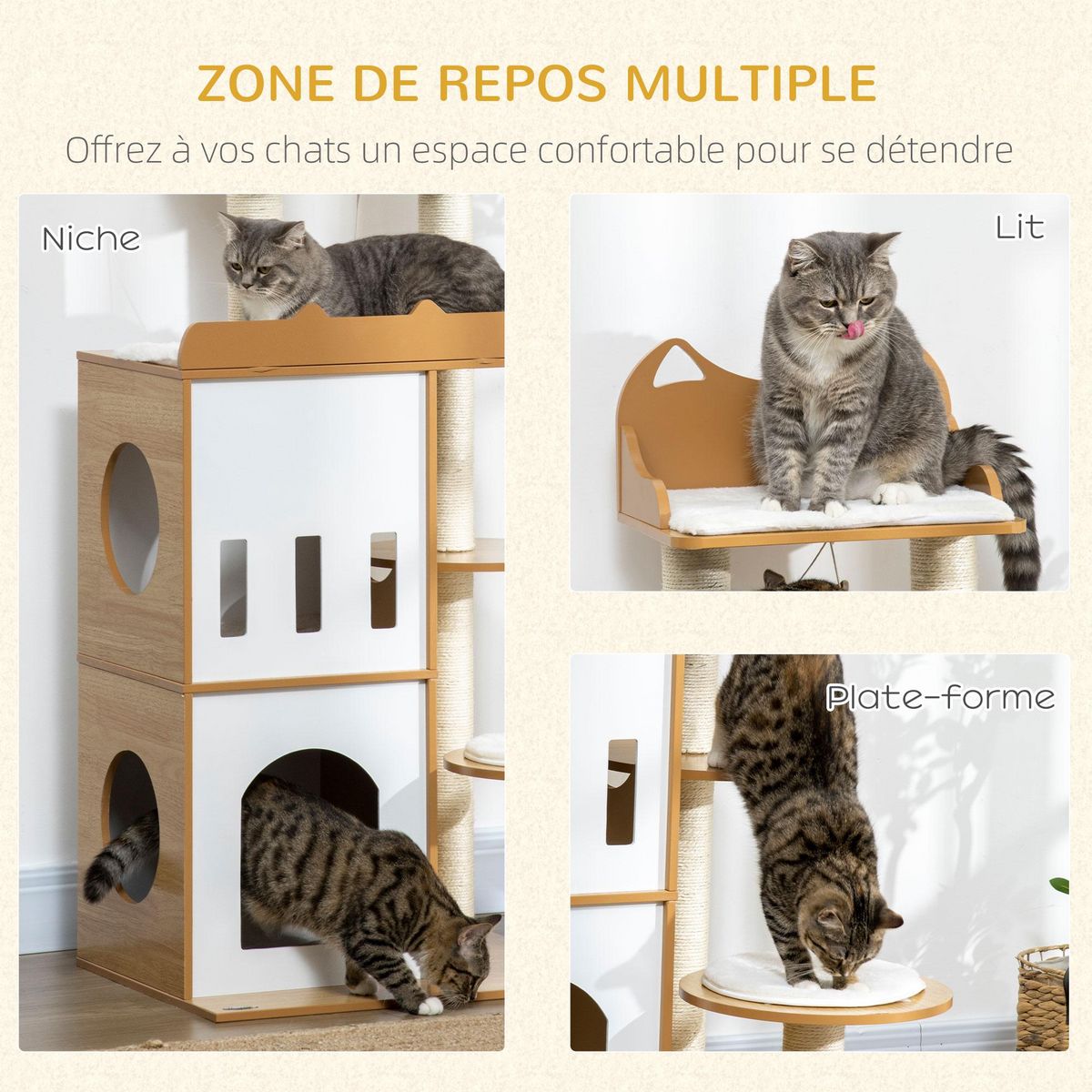 PAWHUT Arbre à chat design contemporain griffoir sisal naturel 2 niches plateformes jeu boule suspendue MDF blanc aspect hêtre clair