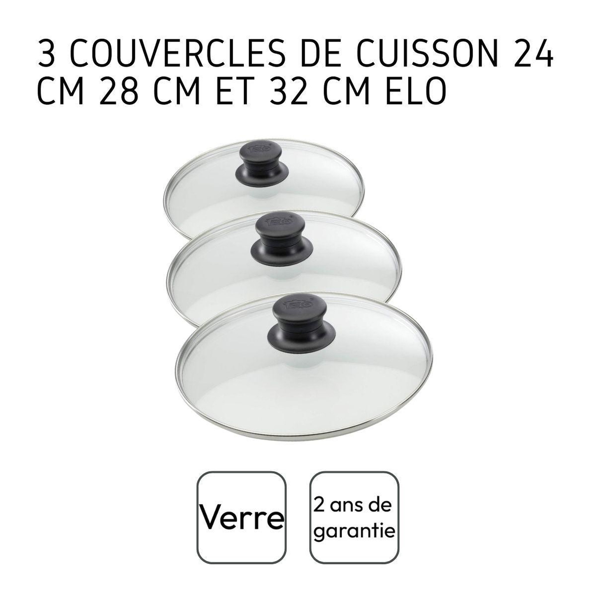 Voir la diapositive 4 : ELO Set de 3 couvercles de cuisson en verre 24 cm 28 cm et 32 cm elo