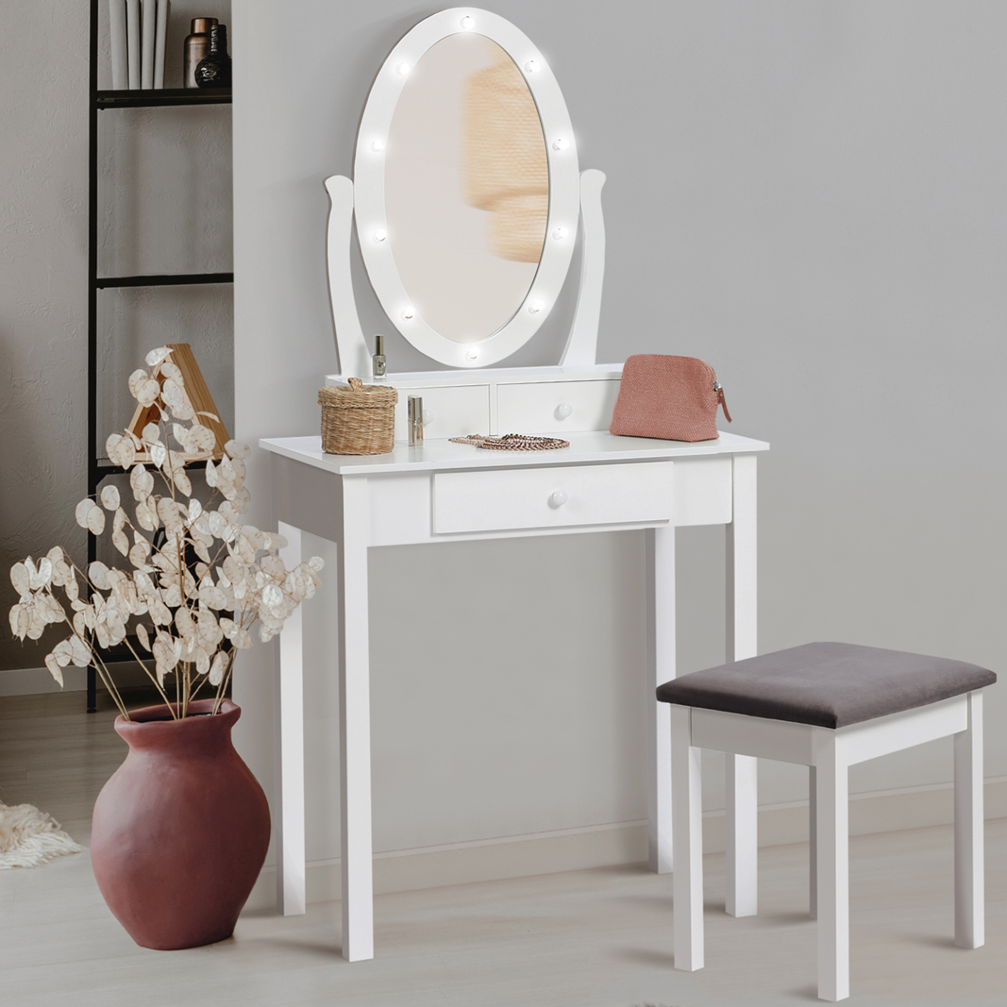 Voir la diapositive 2 : ID MARKET Coiffeuse bella avec miroir led et tabouret