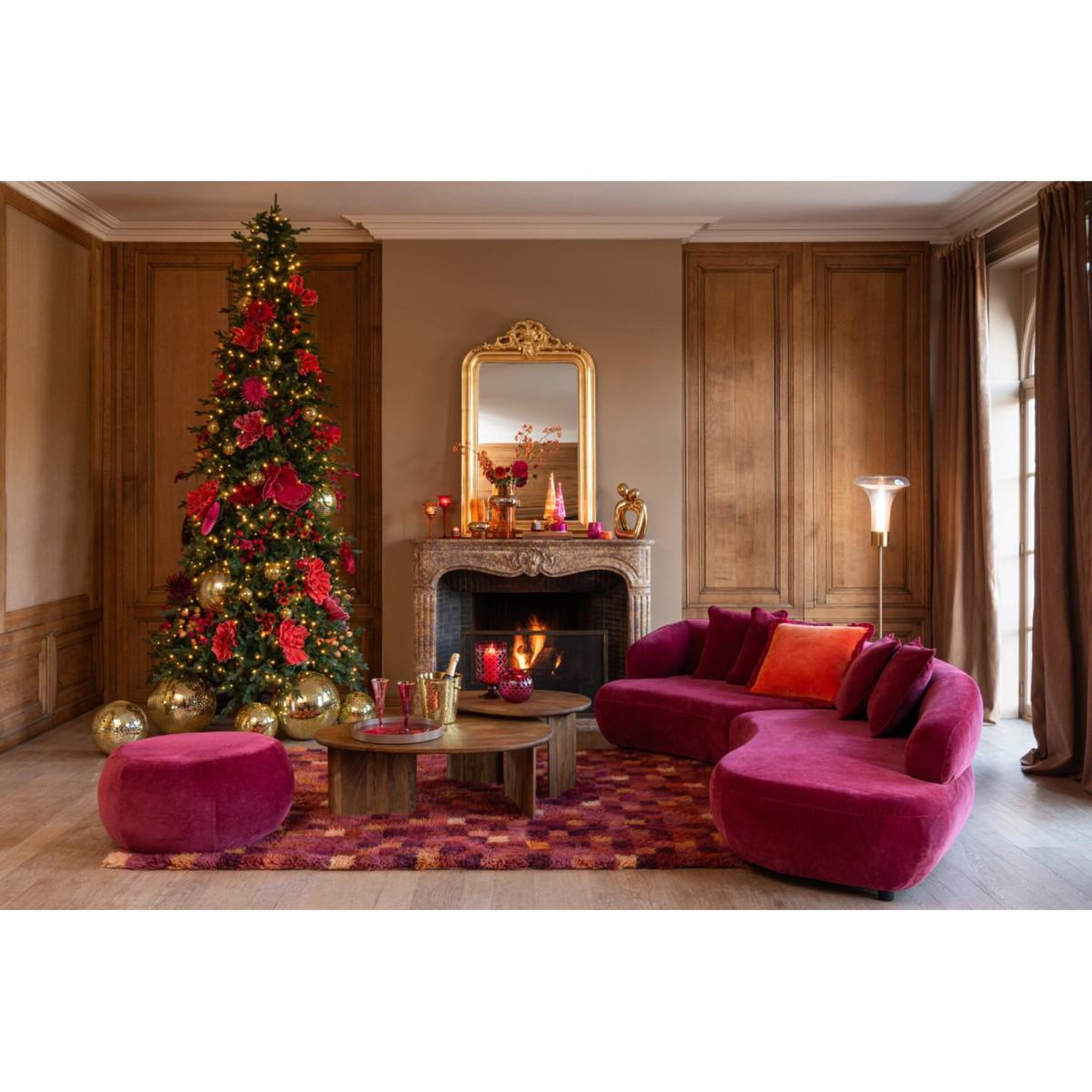 Voir la diapositive 4 : J-LINE Pouf rond en tissu  macaron  79cm bordeaux