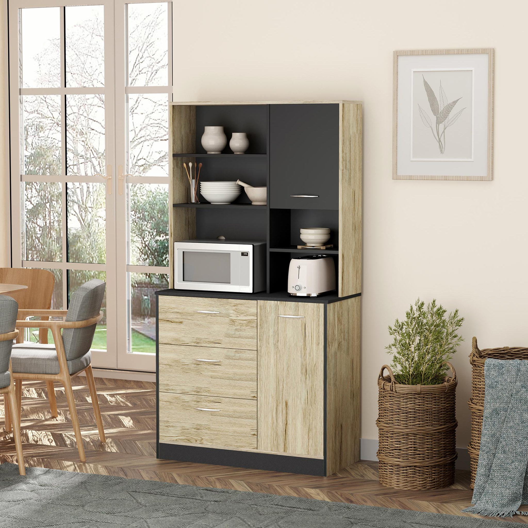Voir la diapositive 2 : HOMCOM Armoire de cuisine multi-rangements 2 portes 3 tiroirs 3 étagères + grand plateau 90L x 39l x 169H cm bicolore chêne clair gris