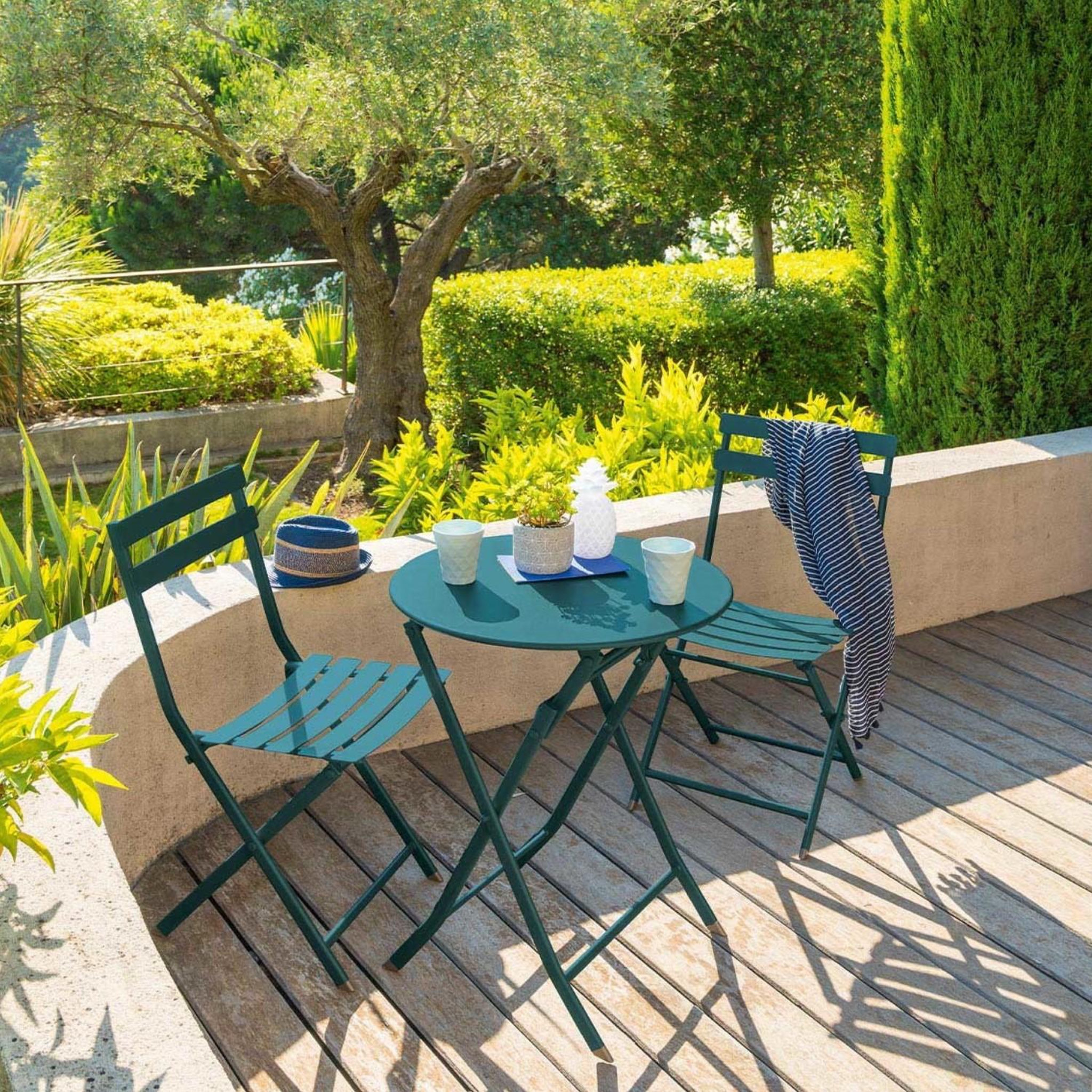 Voir la diapositive 2 : TOILINUX Ensemble table de jardin pliante + 2 chaises greensboro - bleu canard